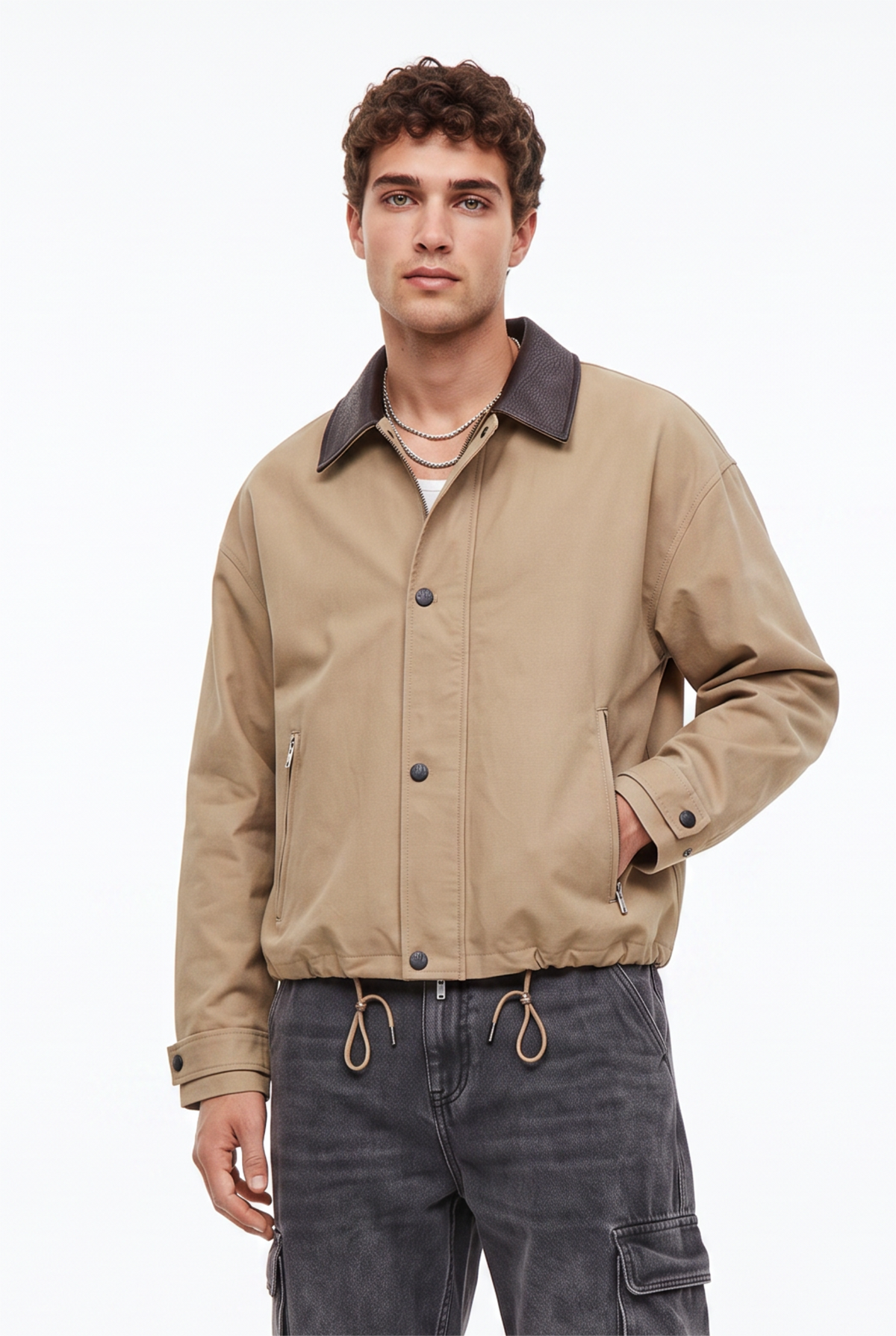Leather Collar Beige Twill Jacket