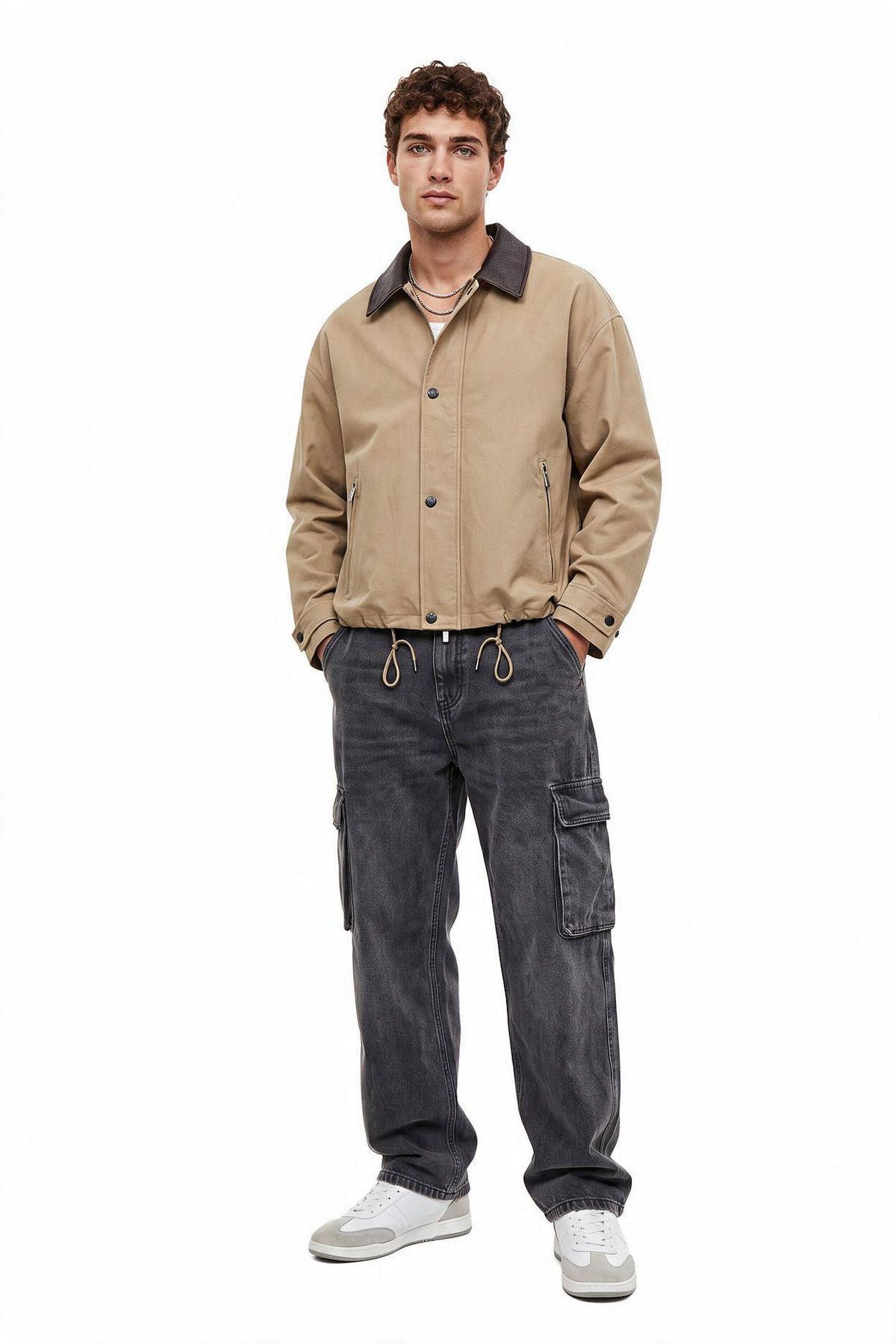 Leather Collar Beige Twill Jacket