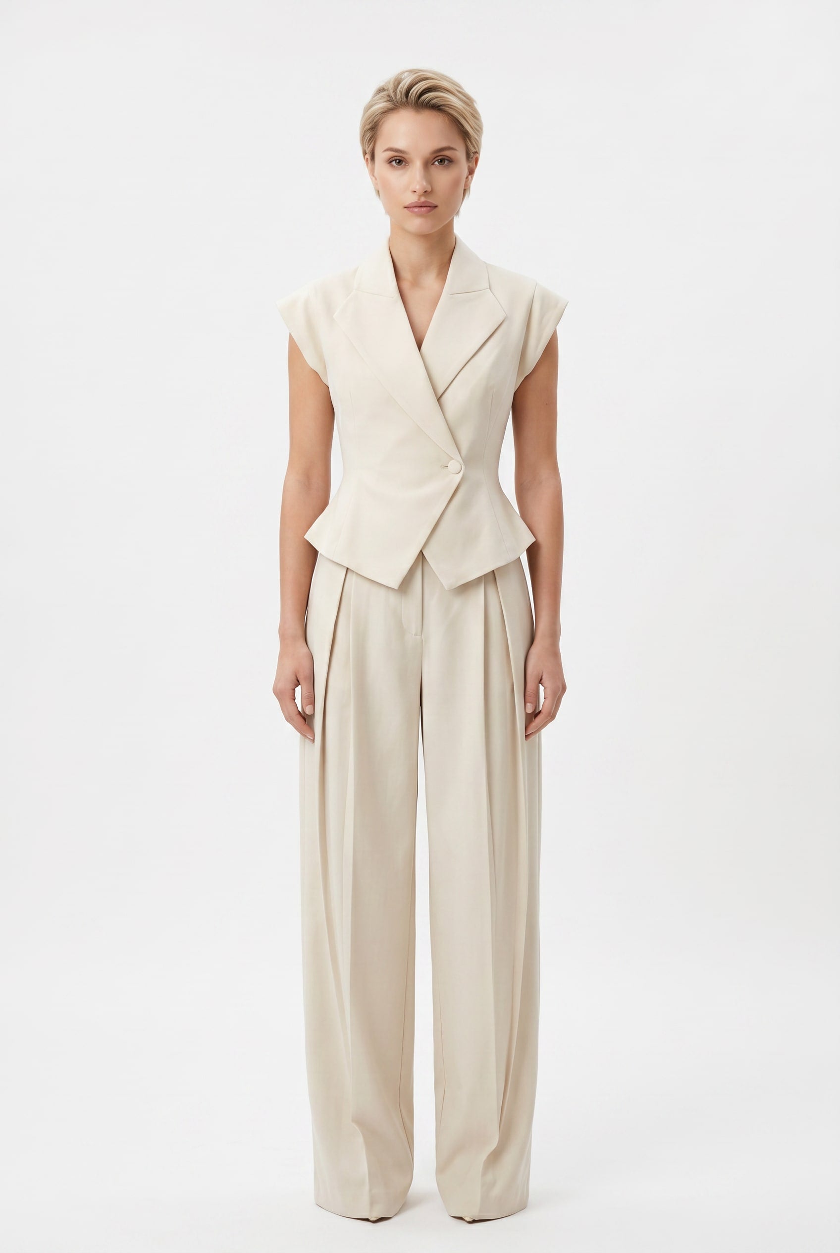 Cream Sleeveless Blazer and Wide-Leg Trouser Set