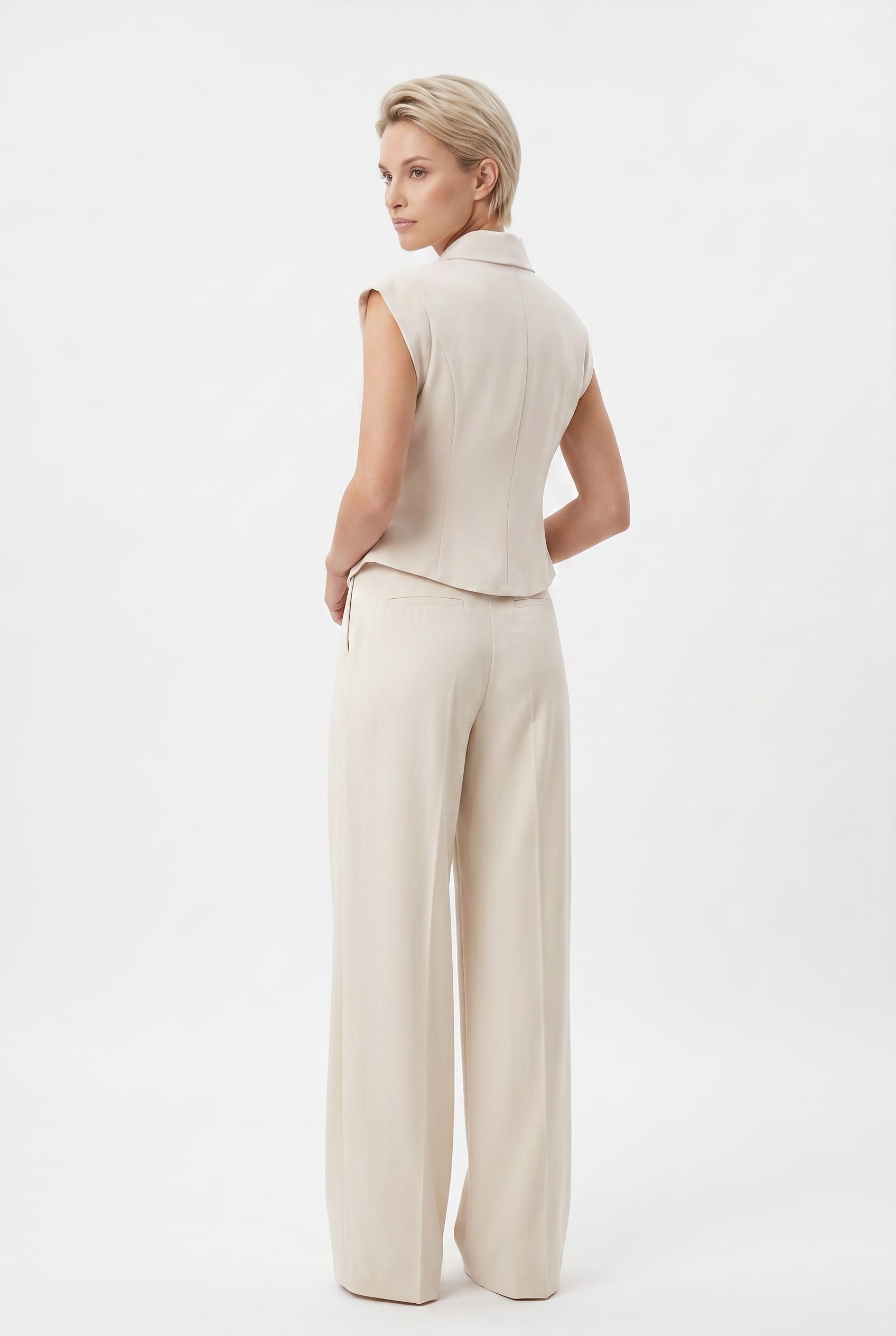 Cream Sleeveless Blazer and Wide-Leg Trouser Set