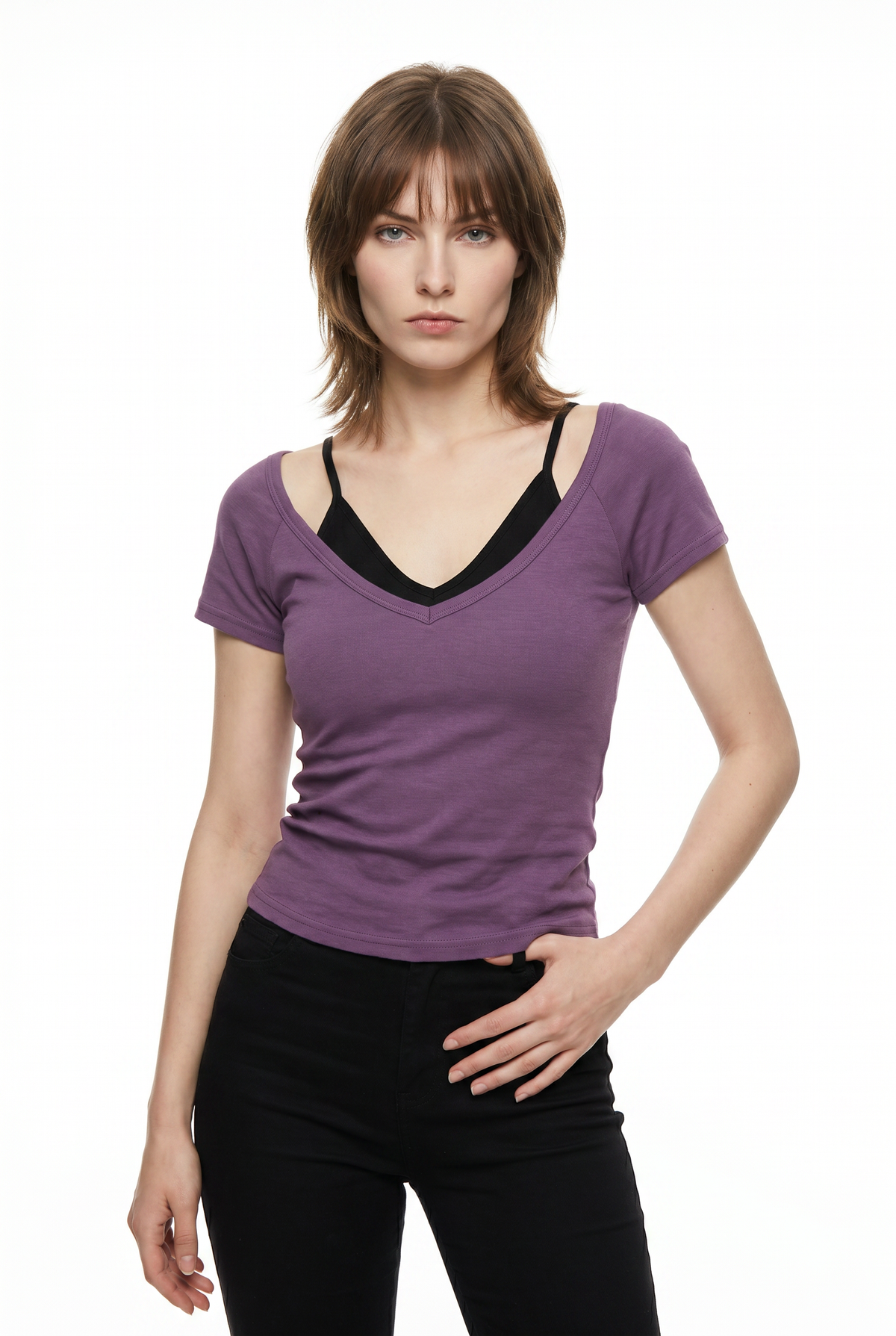 Purple V-Neck Fitted T-Shirt