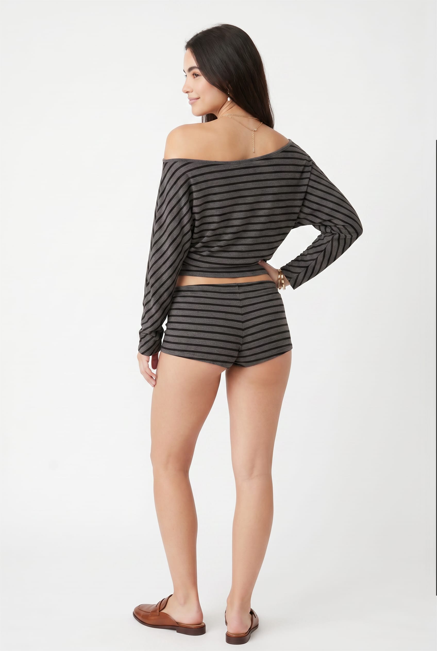 Charcoal Striped Off-Shoulder Co-ord Set