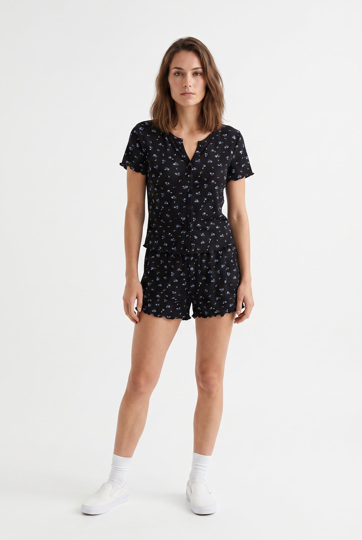 Black Floral Print Pyjama Set