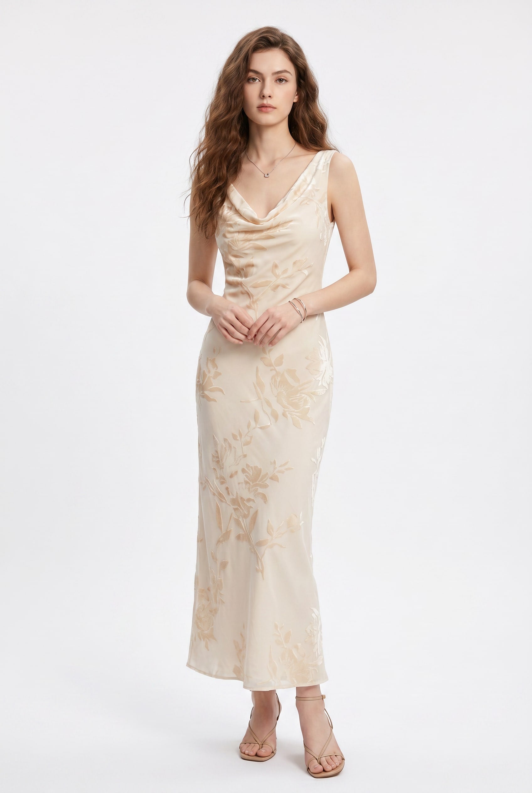 Champagne Floral Jacquard Cowl Neck Maxi