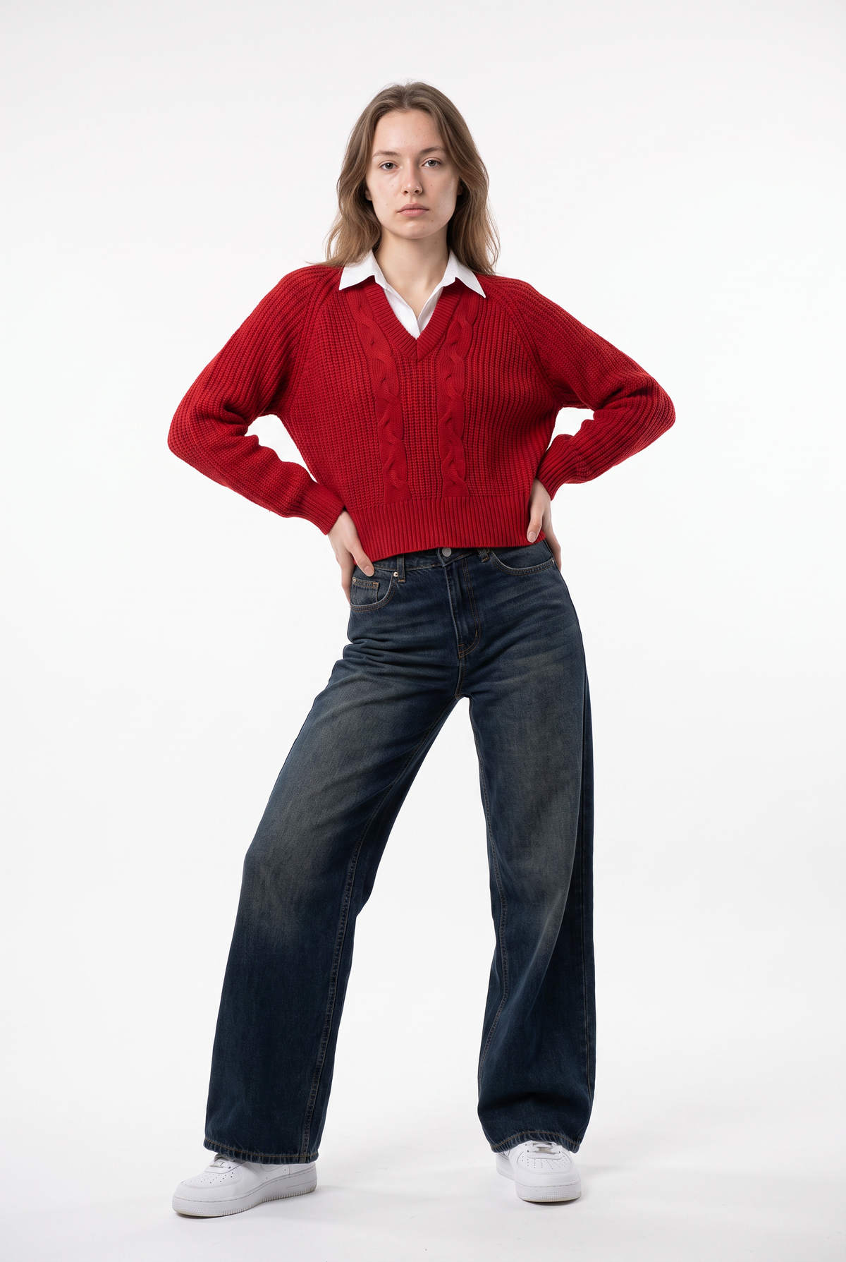 Red Cable Knit Crop Sweater
