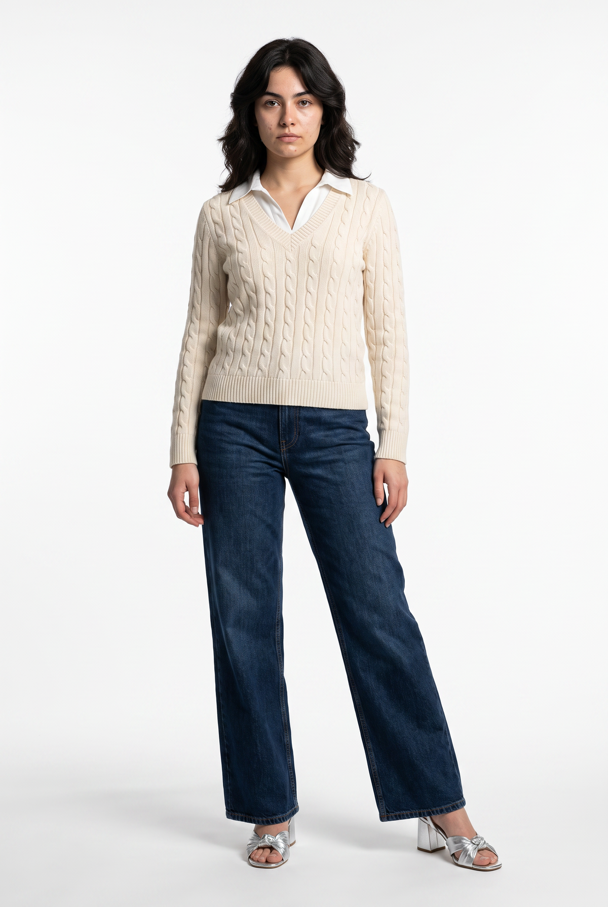 Cream Cable Knit V-Neck Sweater