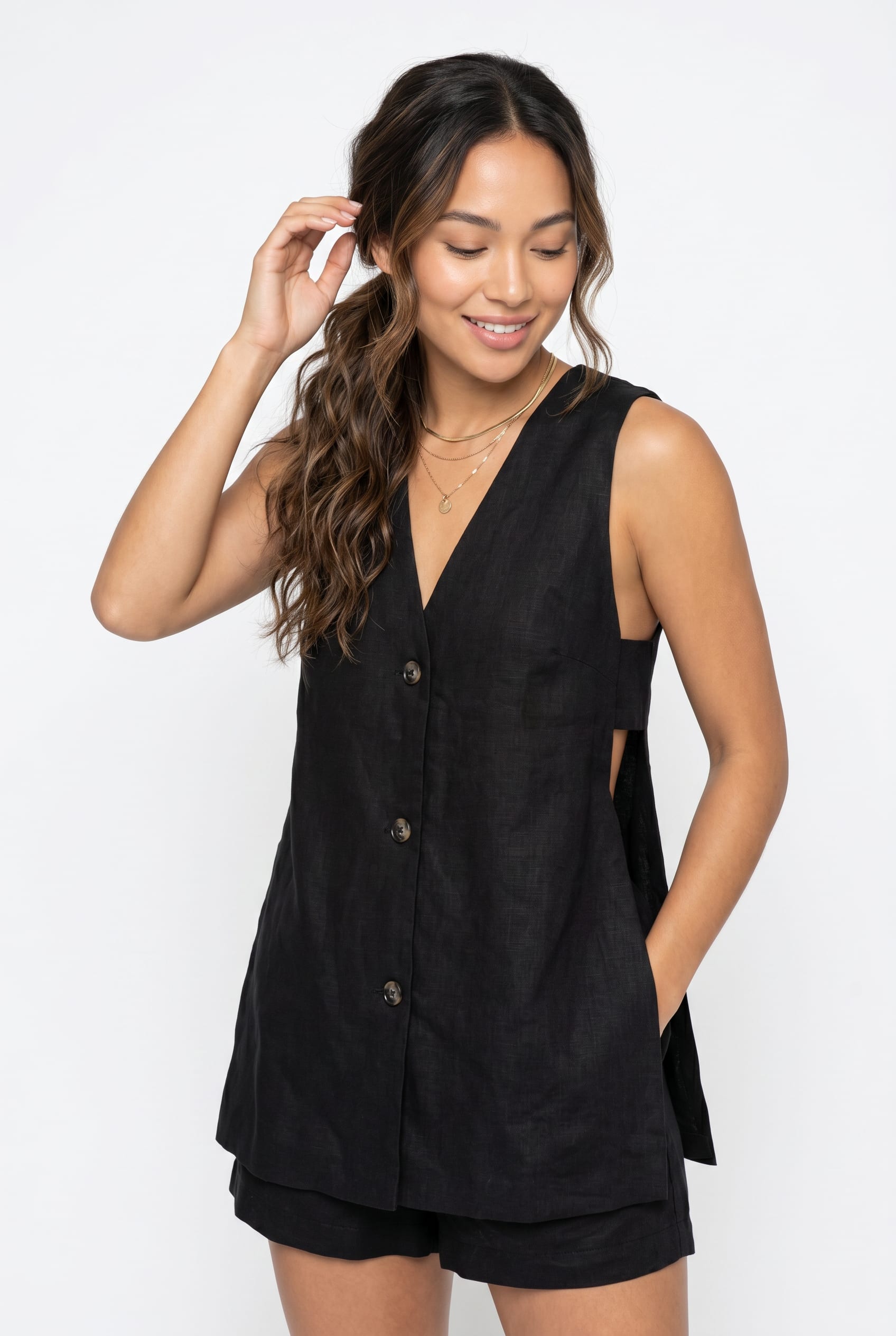 Black Linen Vest and Shorts Co-ord