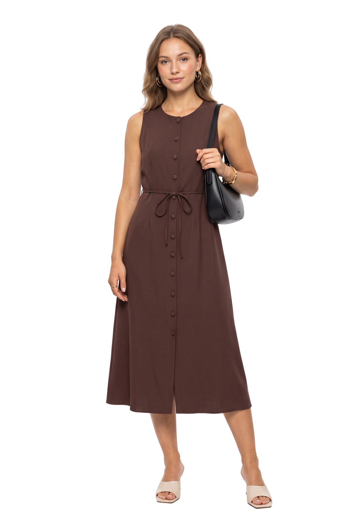 Brown Sleeveless Button-Front Midi Dress