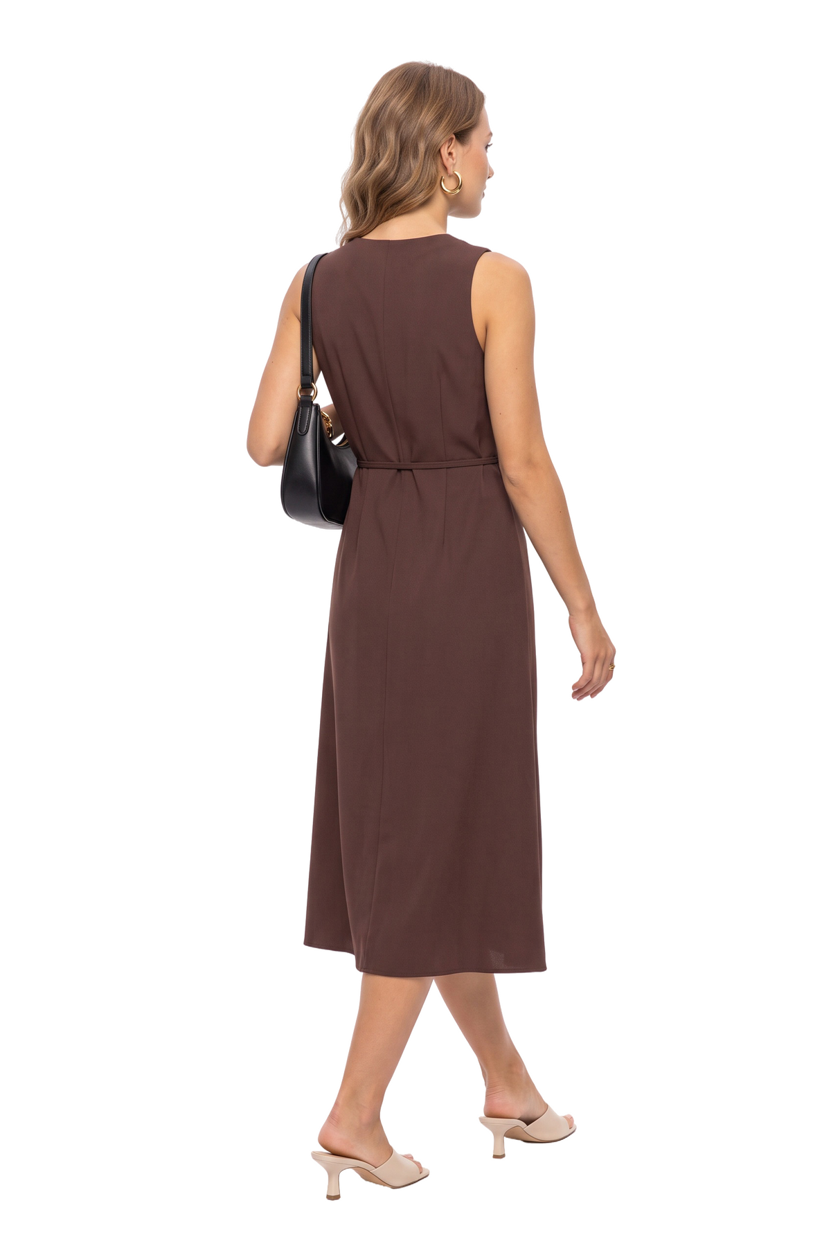 Brown Sleeveless Button-Front Midi Dress