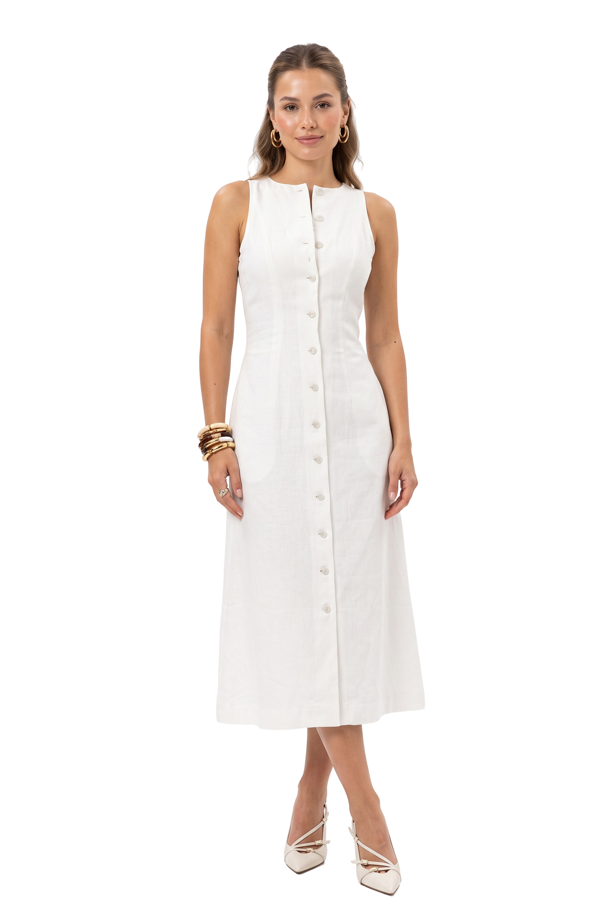 White Button-Front Midi Dress
