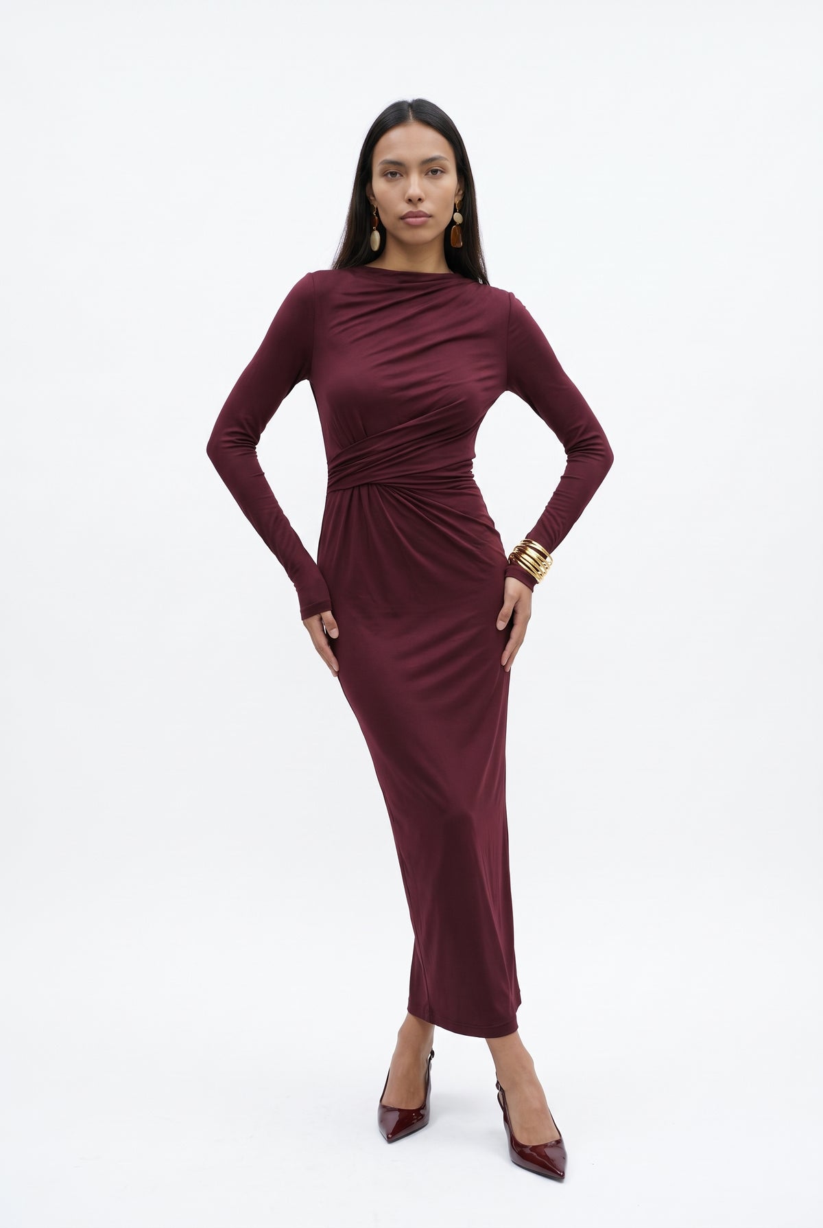 Burgundy Ruched Long Sleeve Maxi Dress