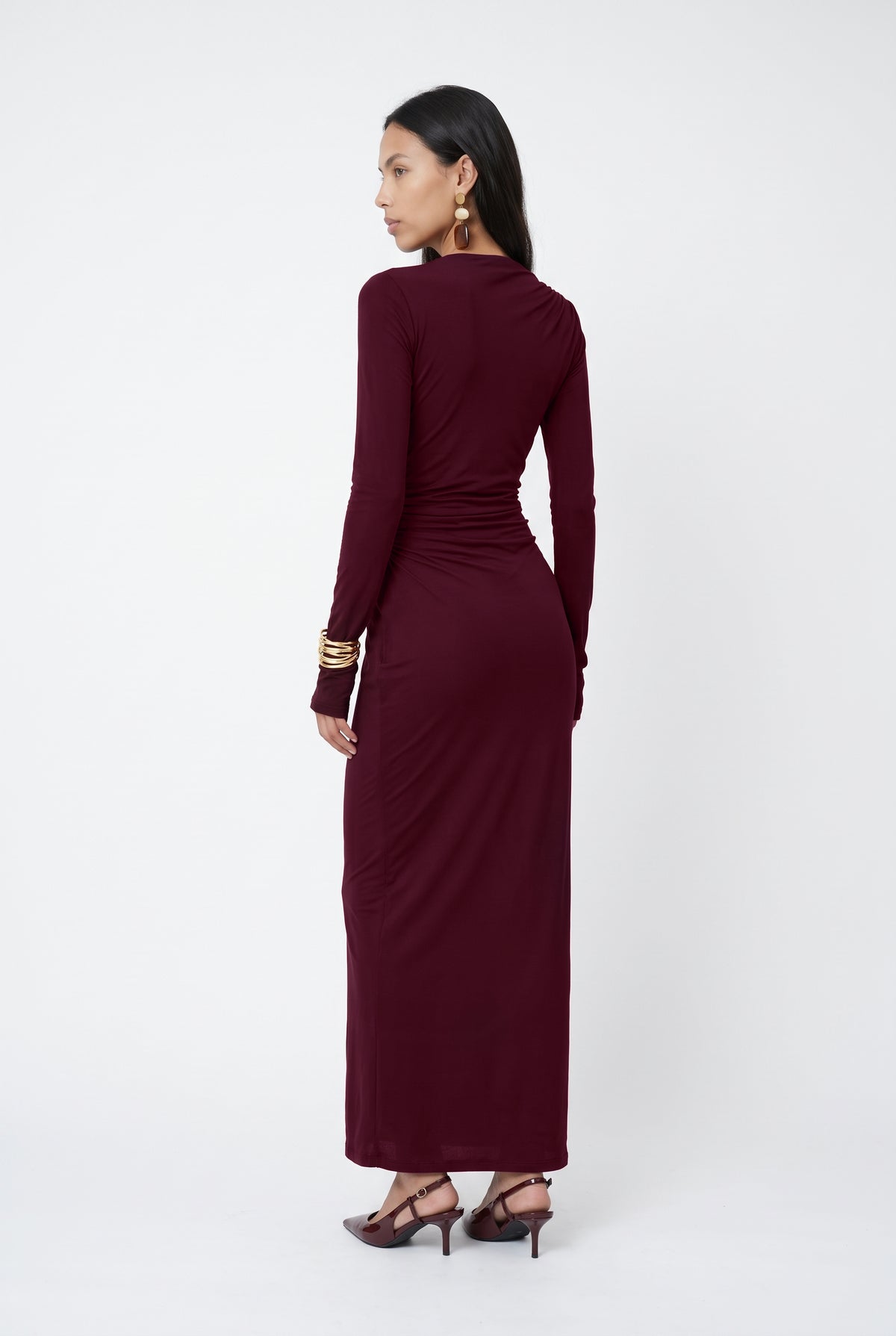Burgundy Ruched Long Sleeve Maxi Dress