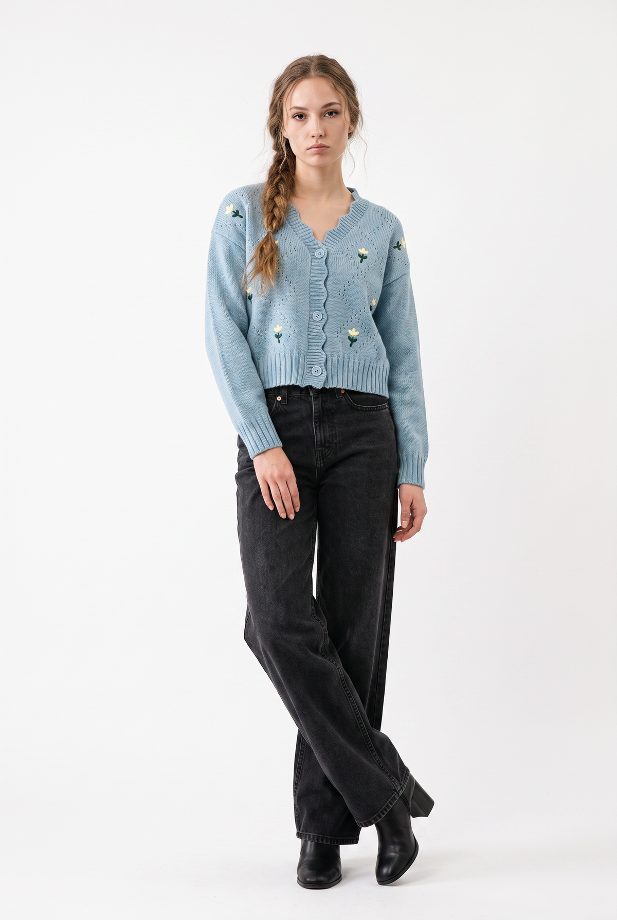 Blue Floral Embroidered Knit Cardigan