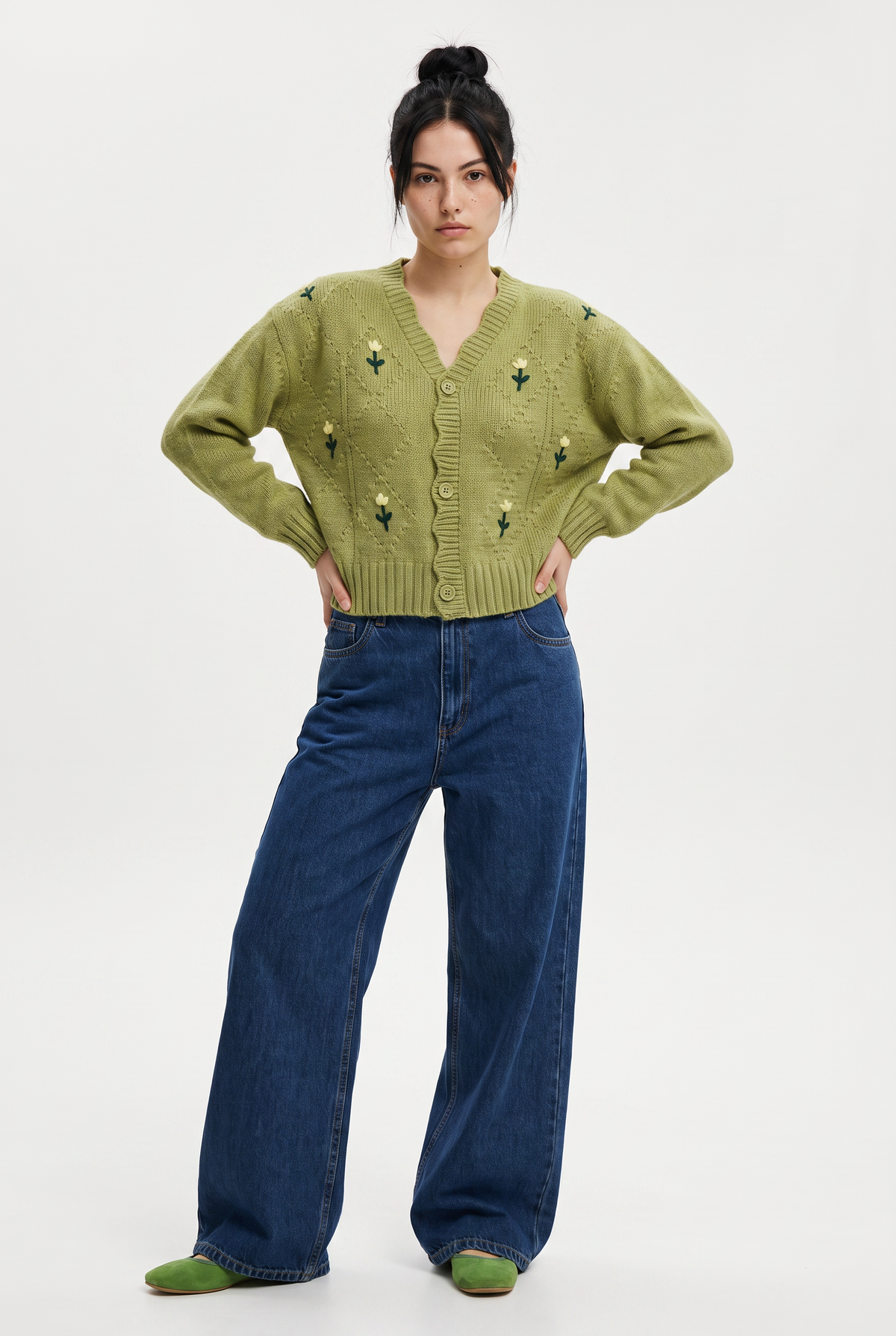 Green Floral Embroidered Knit Cardigan