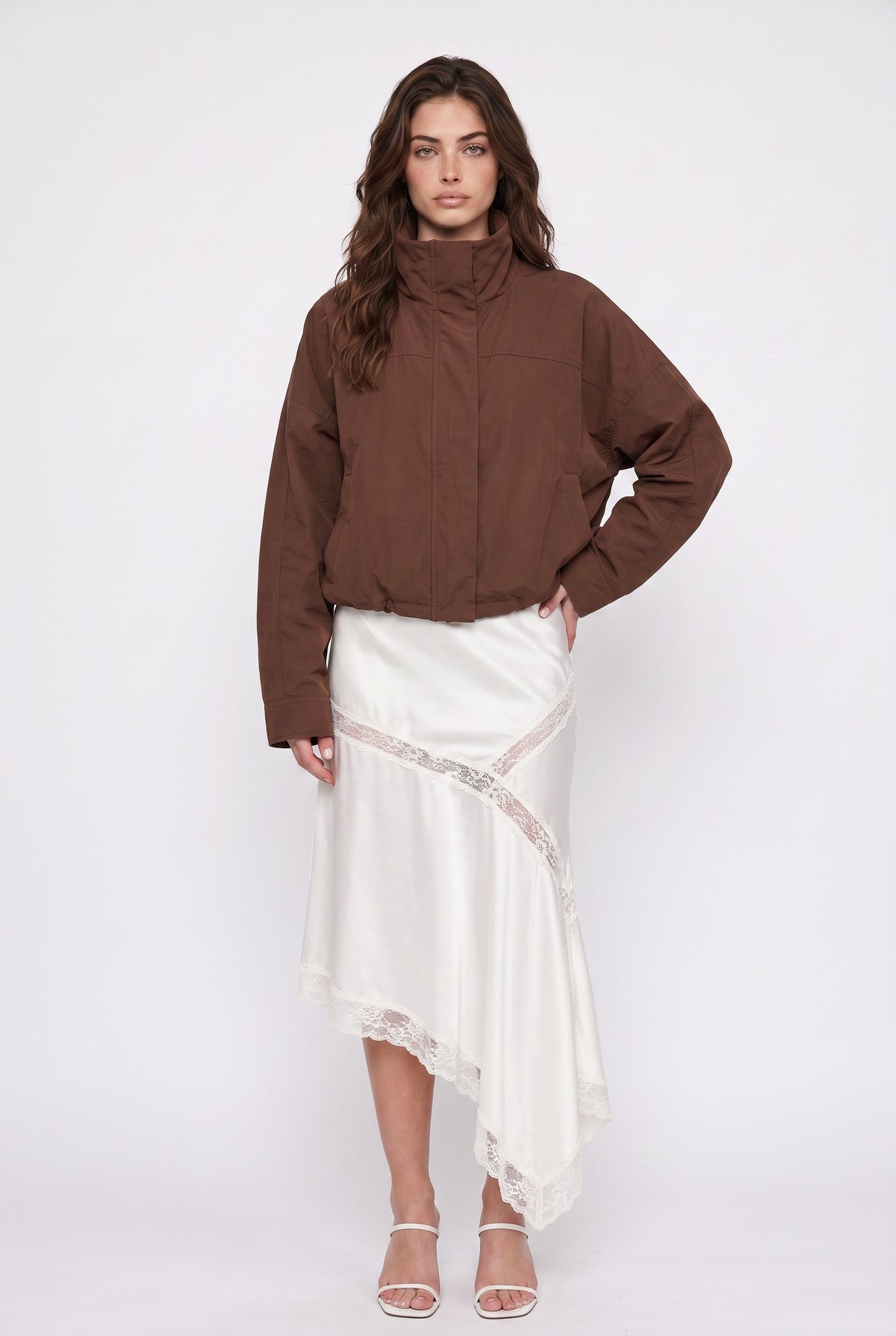 Brown Cropped Bomber Jacket