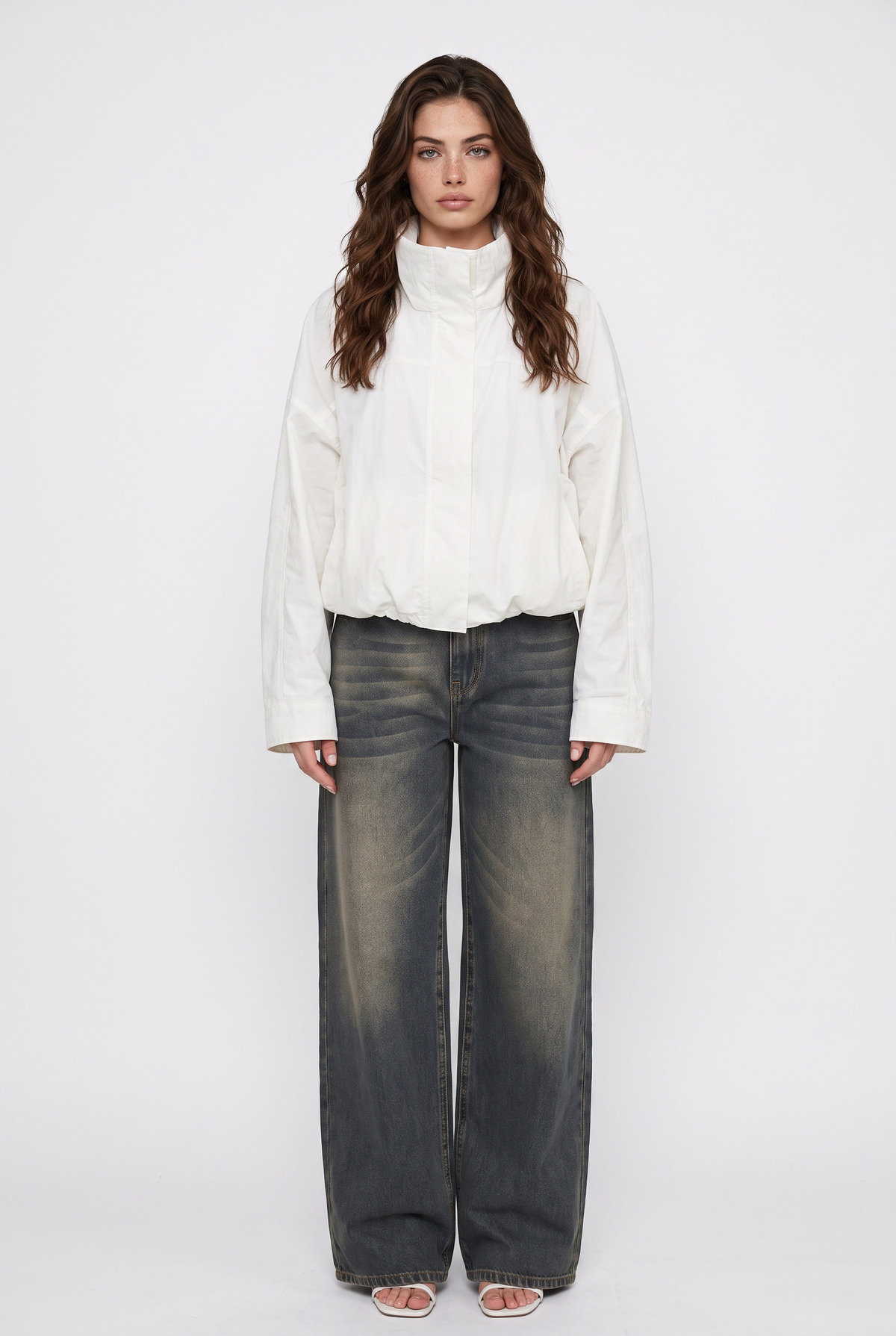 White Nylon Cropped Windbreaker Jacket