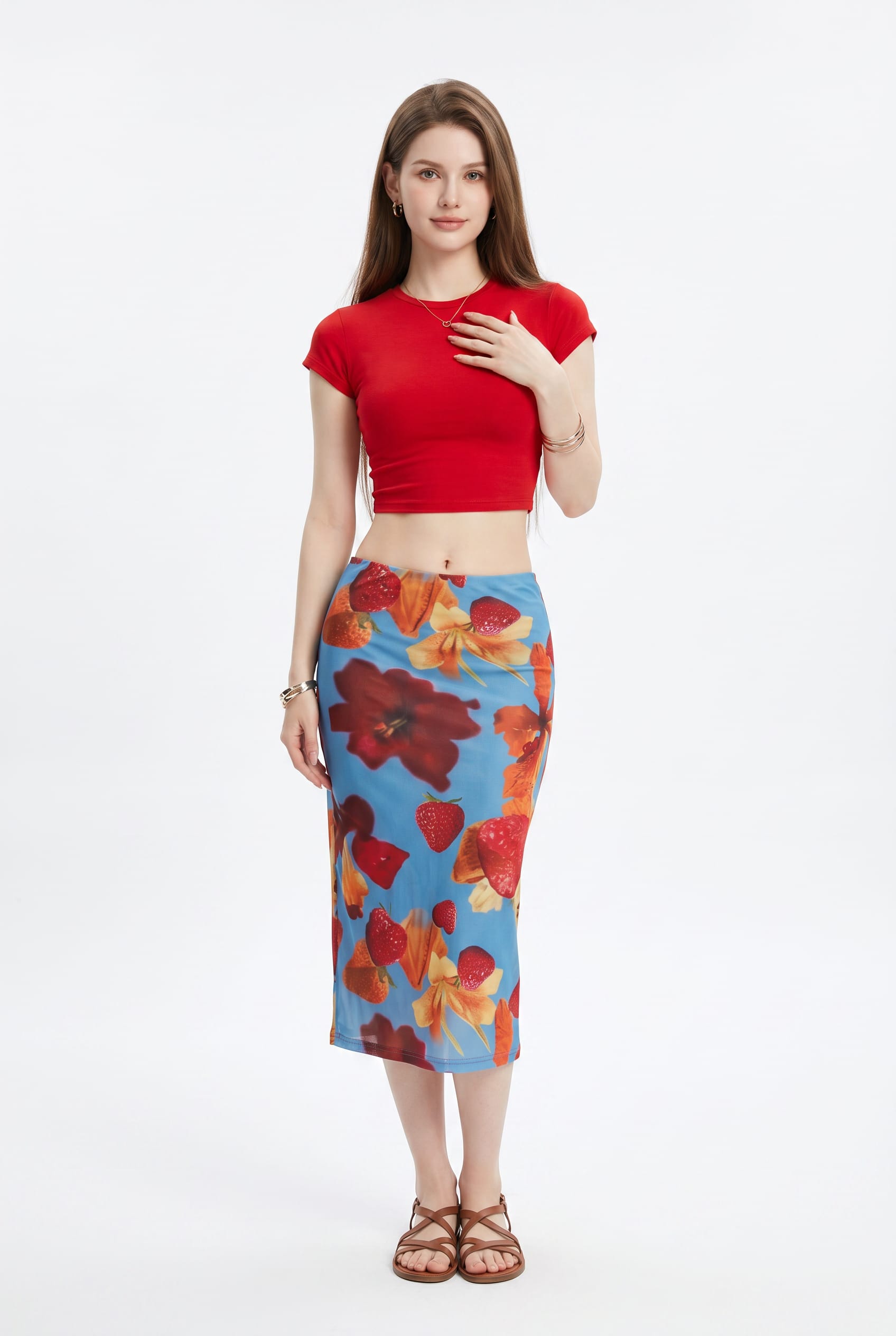 Red Top Floral Midi Skirt Set