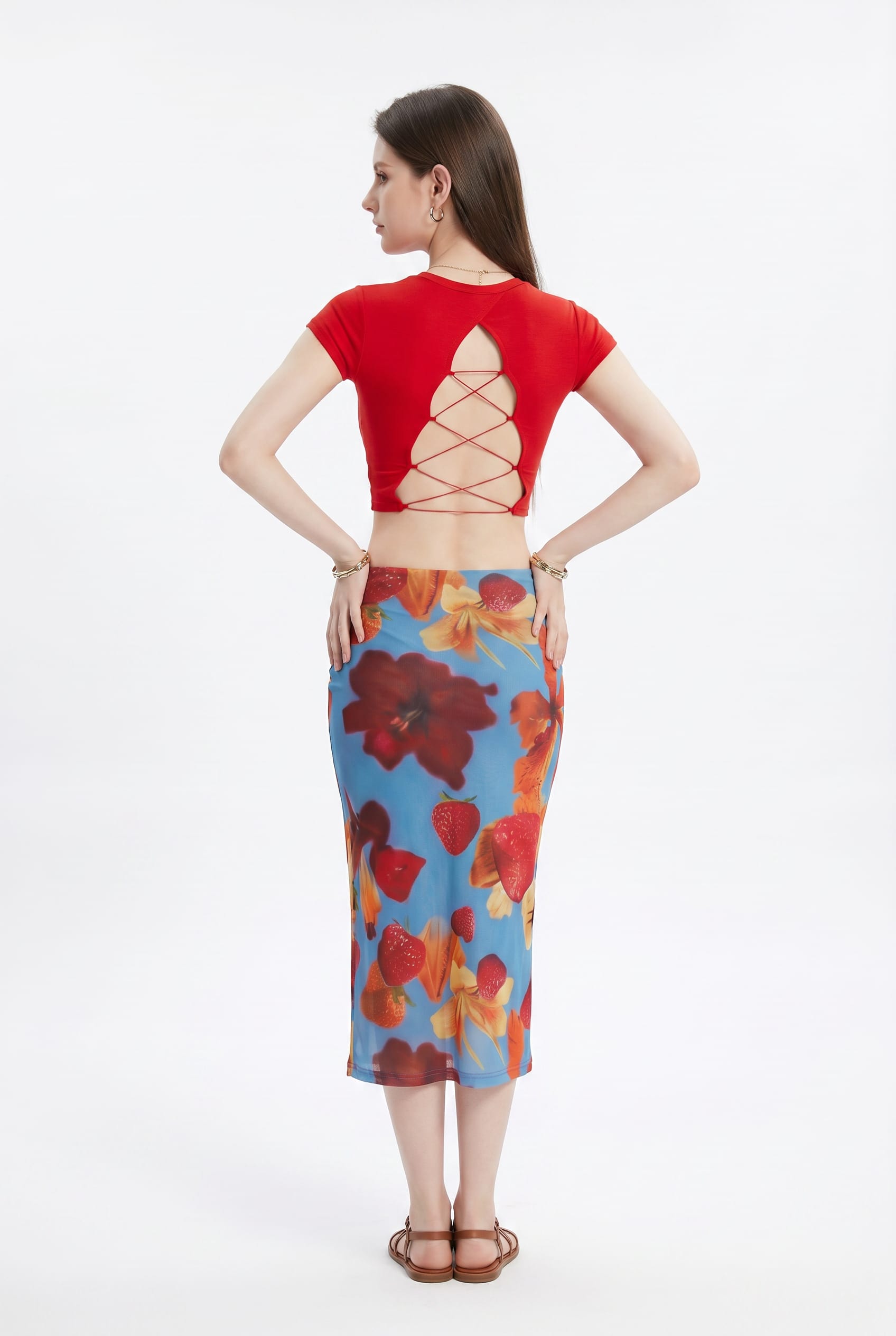 Red Top Floral Midi Skirt Set