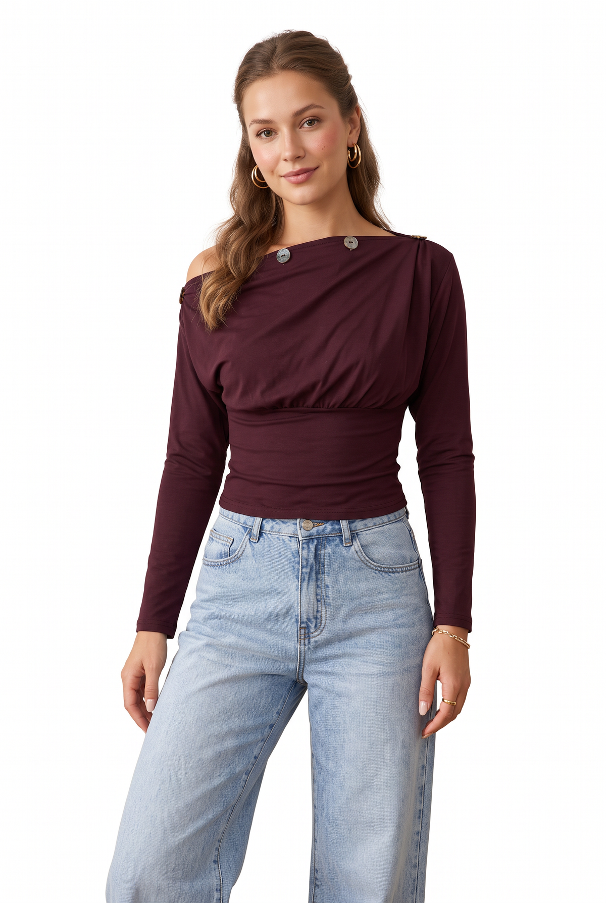 Burgundy Off-Shoulder Cotton Blouse