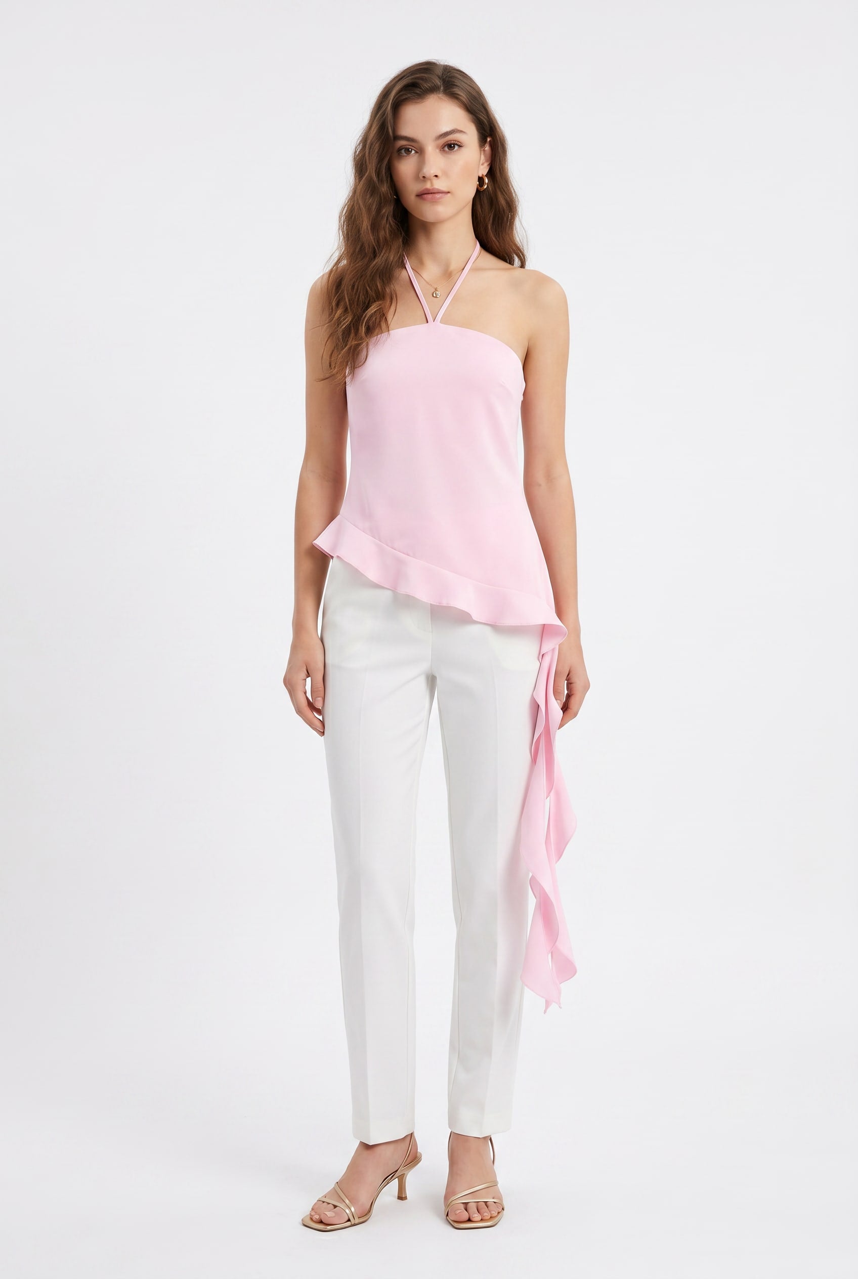 Pink Halter Asymmetric Ruffle Top