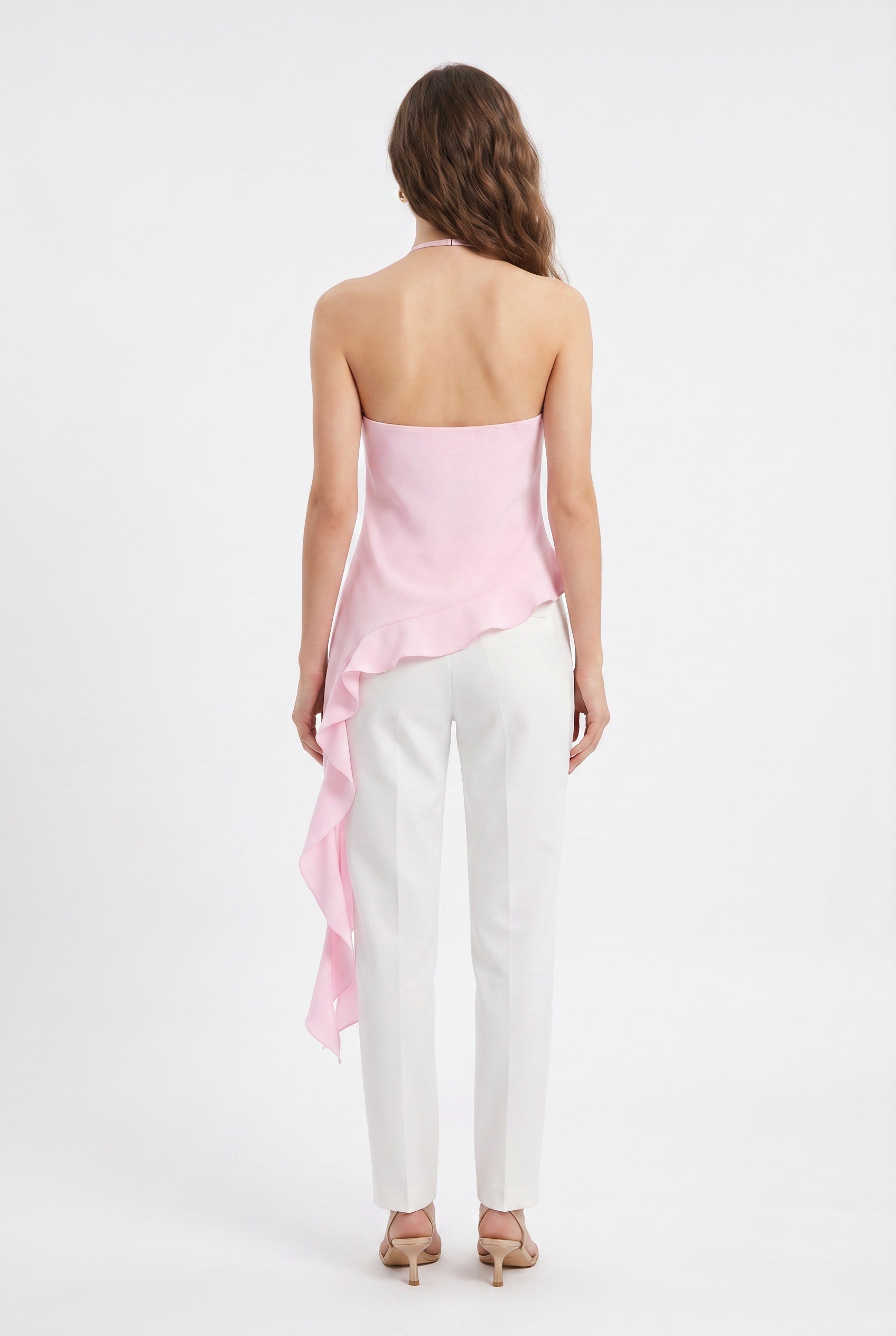 Pink Halter Asymmetric Ruffle Top