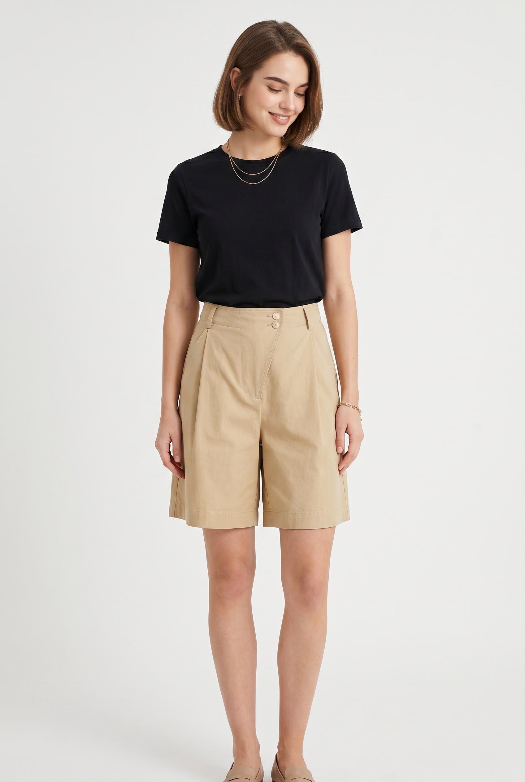 Beige High-Waist Pleated Bermuda Shorts