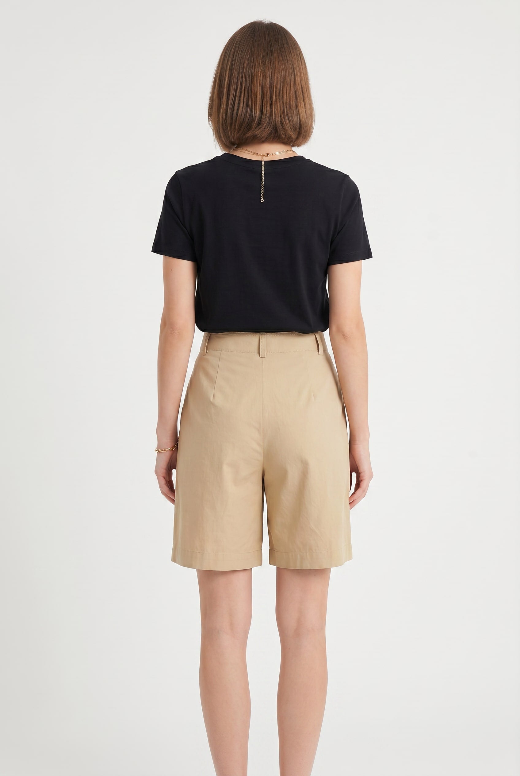 Beige High-Waist Pleated Bermuda Shorts