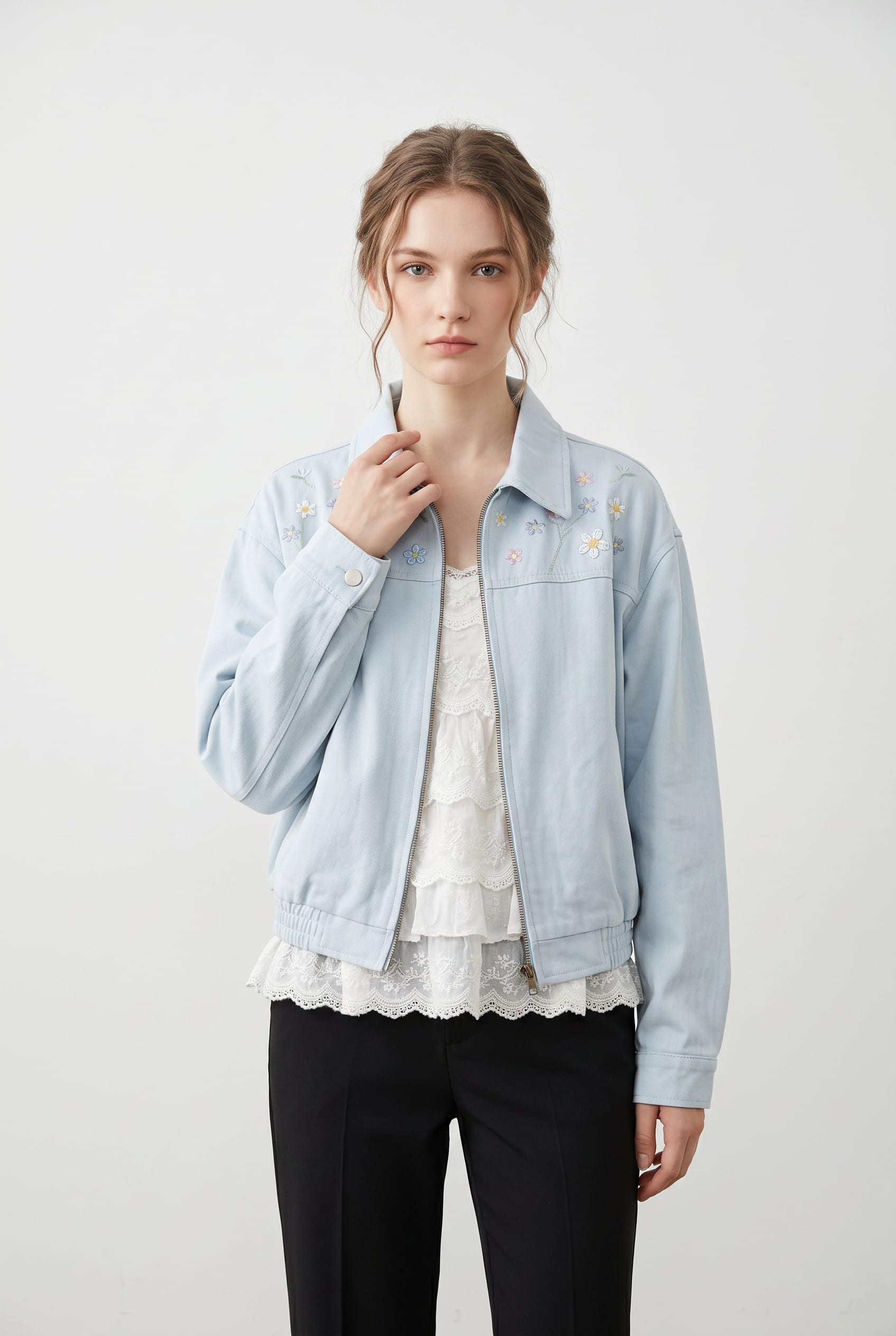 Powder Blue Floral Embroidered Bomber Jacket