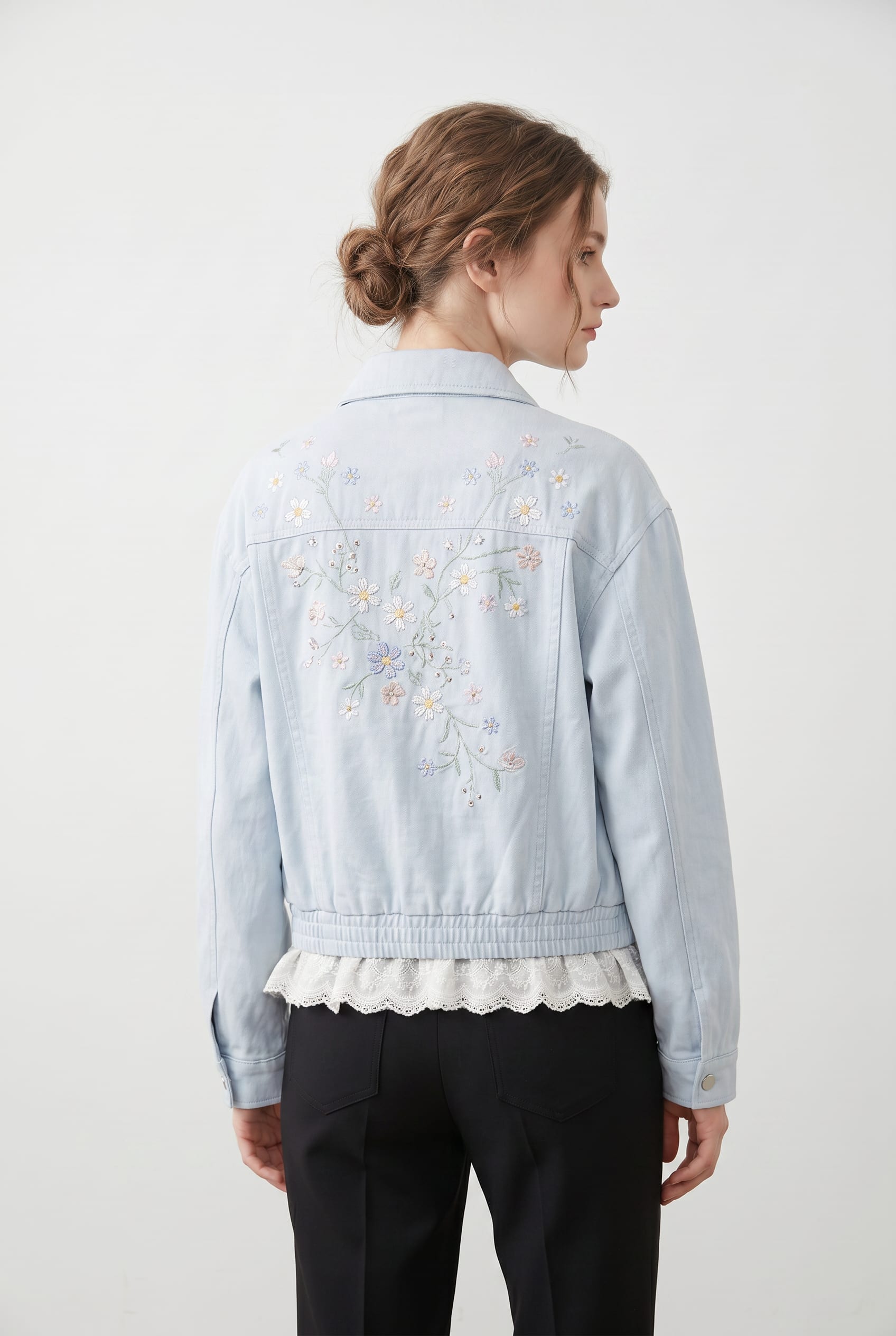 Powder Blue Floral Embroidered Bomber Jacket