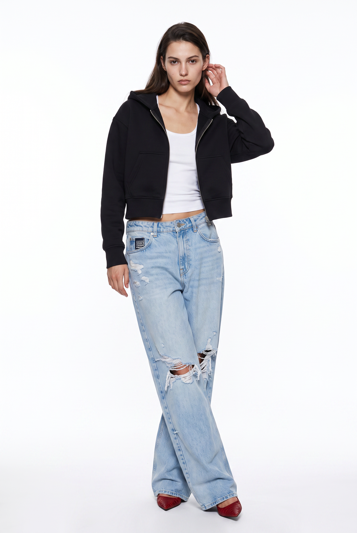 Black Cropped Zip-Up Hoodie