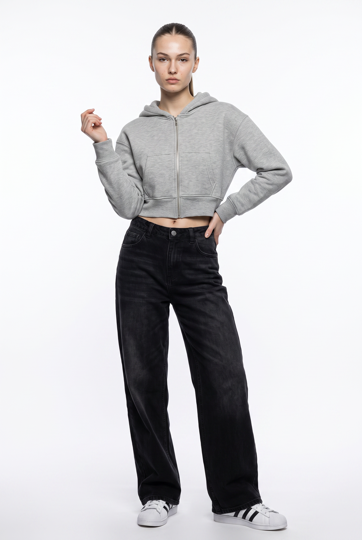 Gray Cropped Zip-Up Hoodie