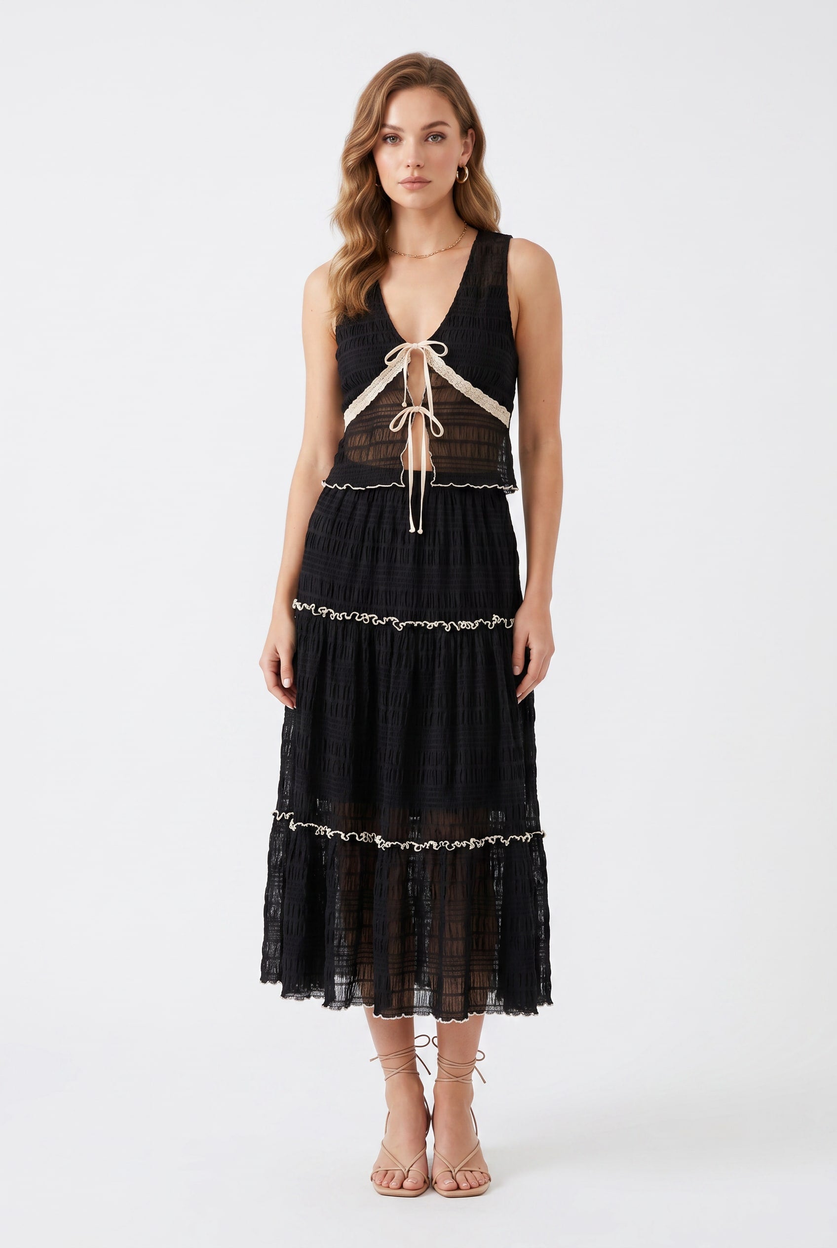 Black Textured Two-Piece Ruffle Dress Set