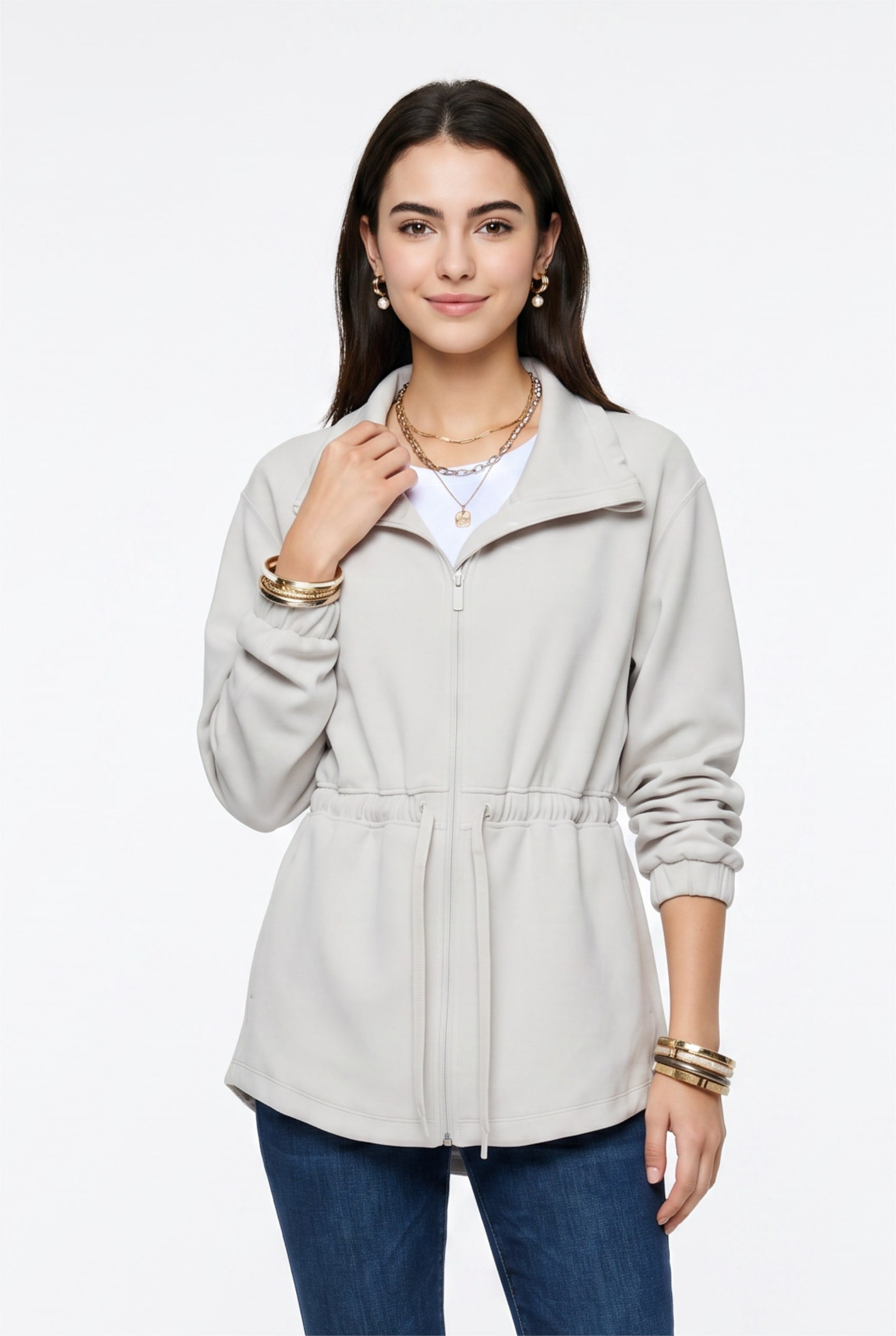 Light Gray Cinched Waist Zip Jacket