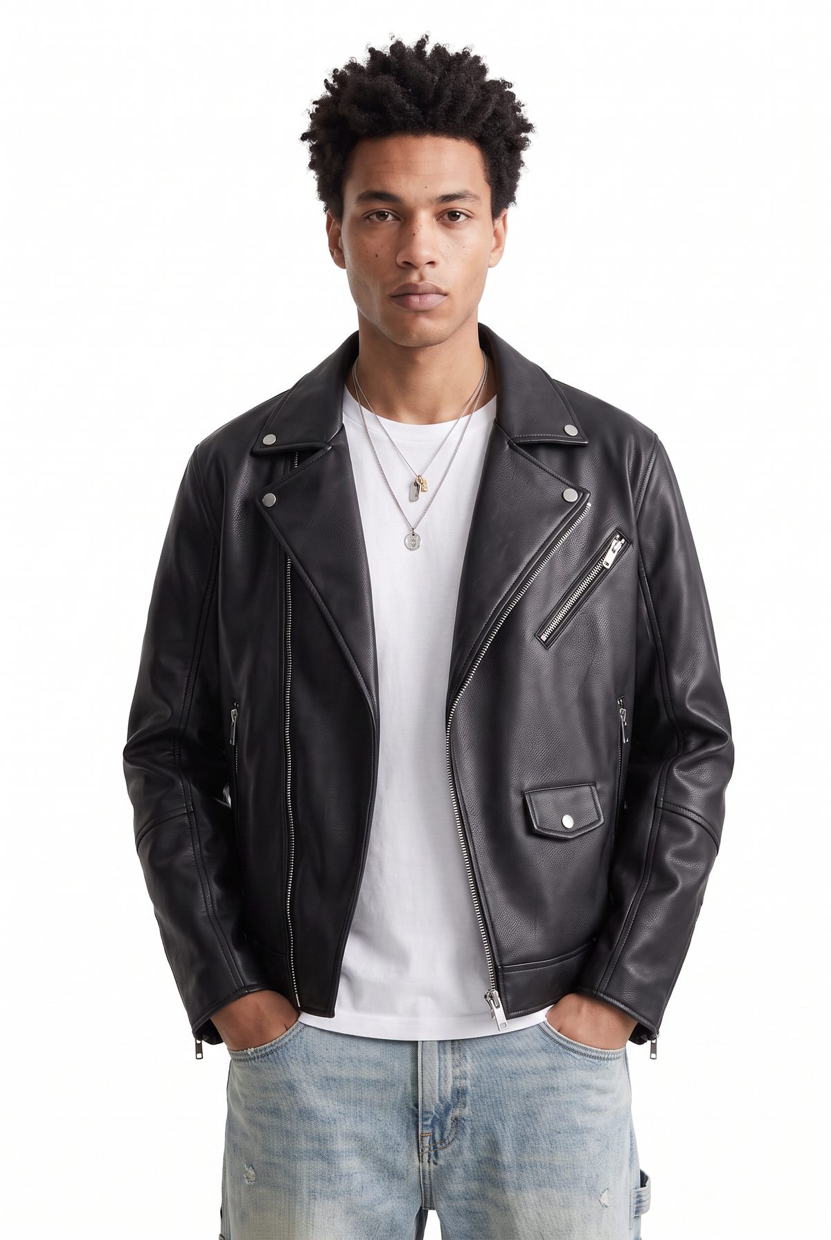 Pebbled Black Leather Biker Jacket