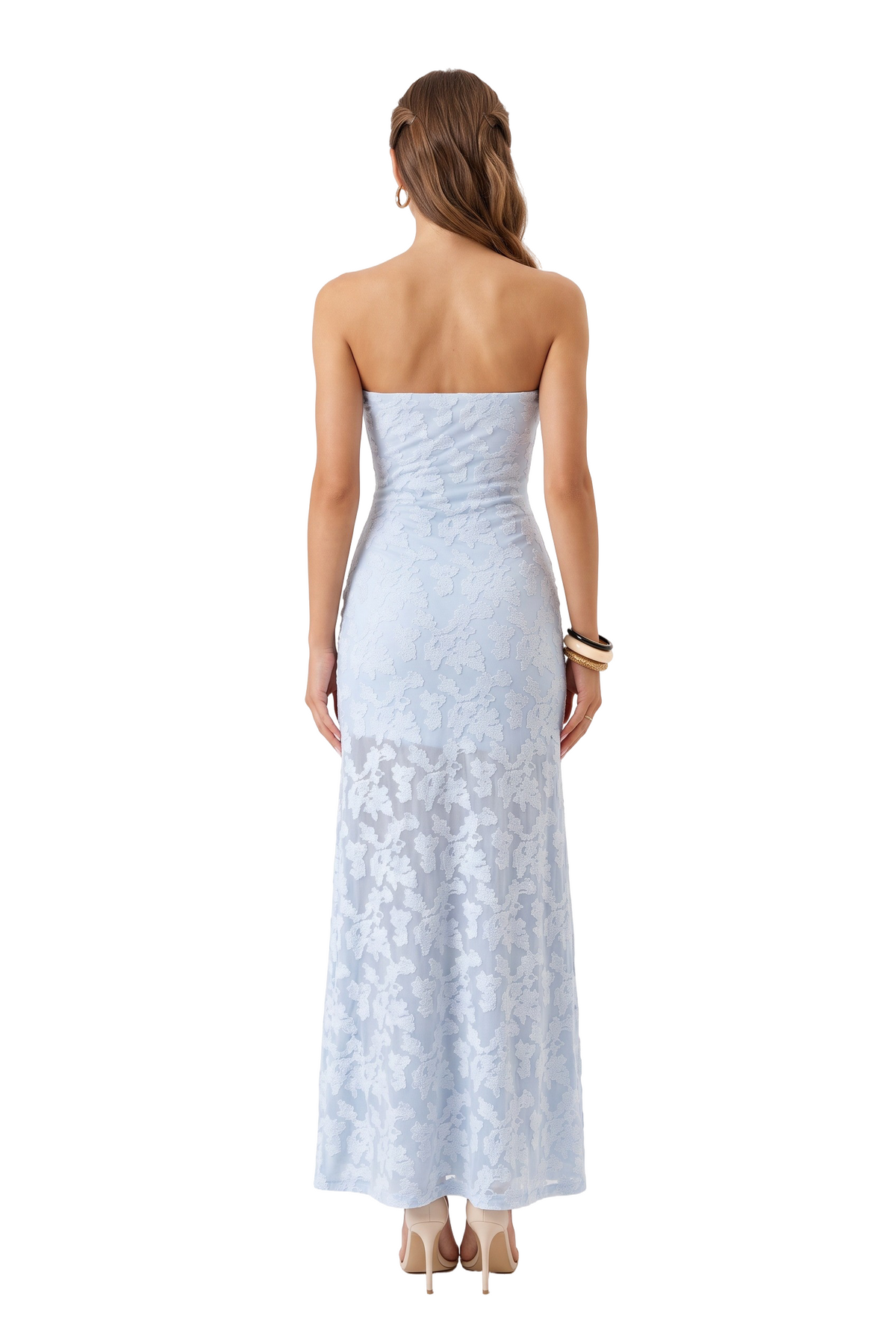 Blue Lace Strapless Maxi Dress