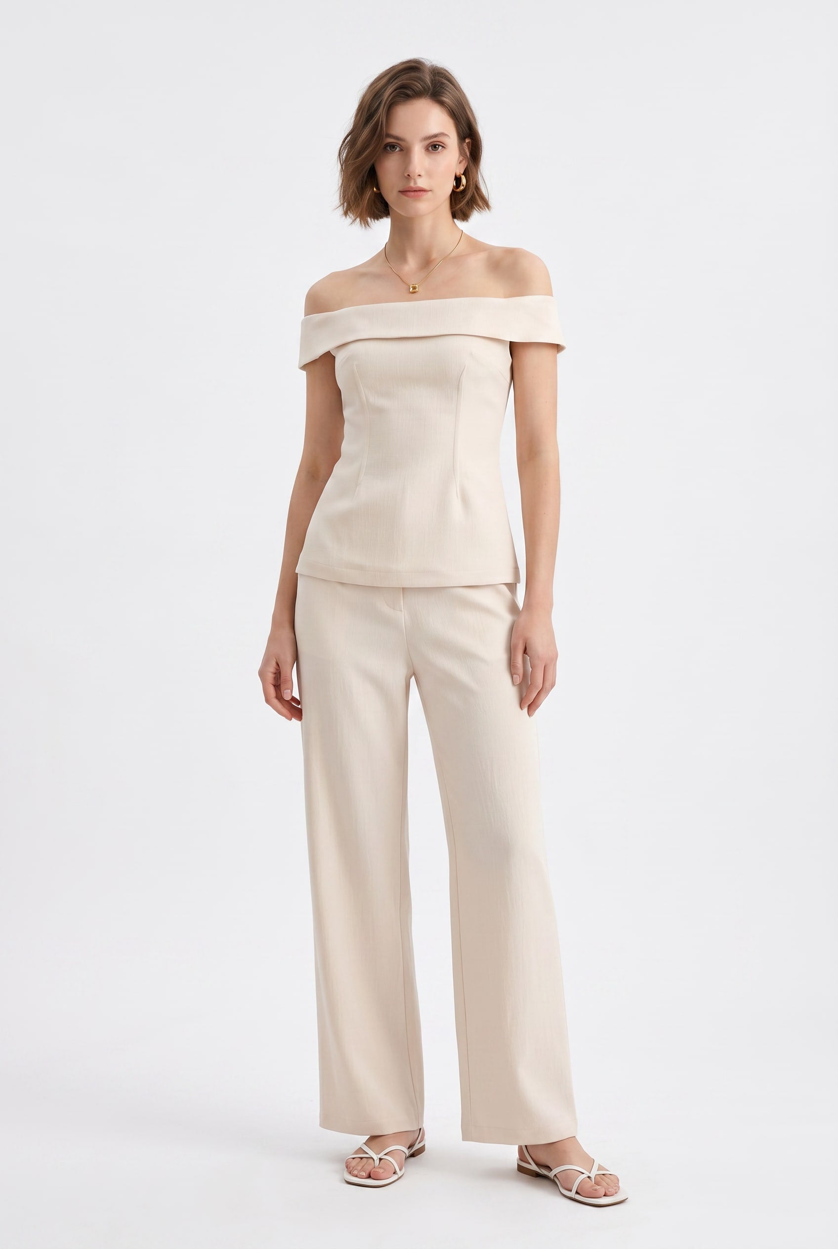 Cream Off-Shoulder Top Wide-Leg Trouser Set