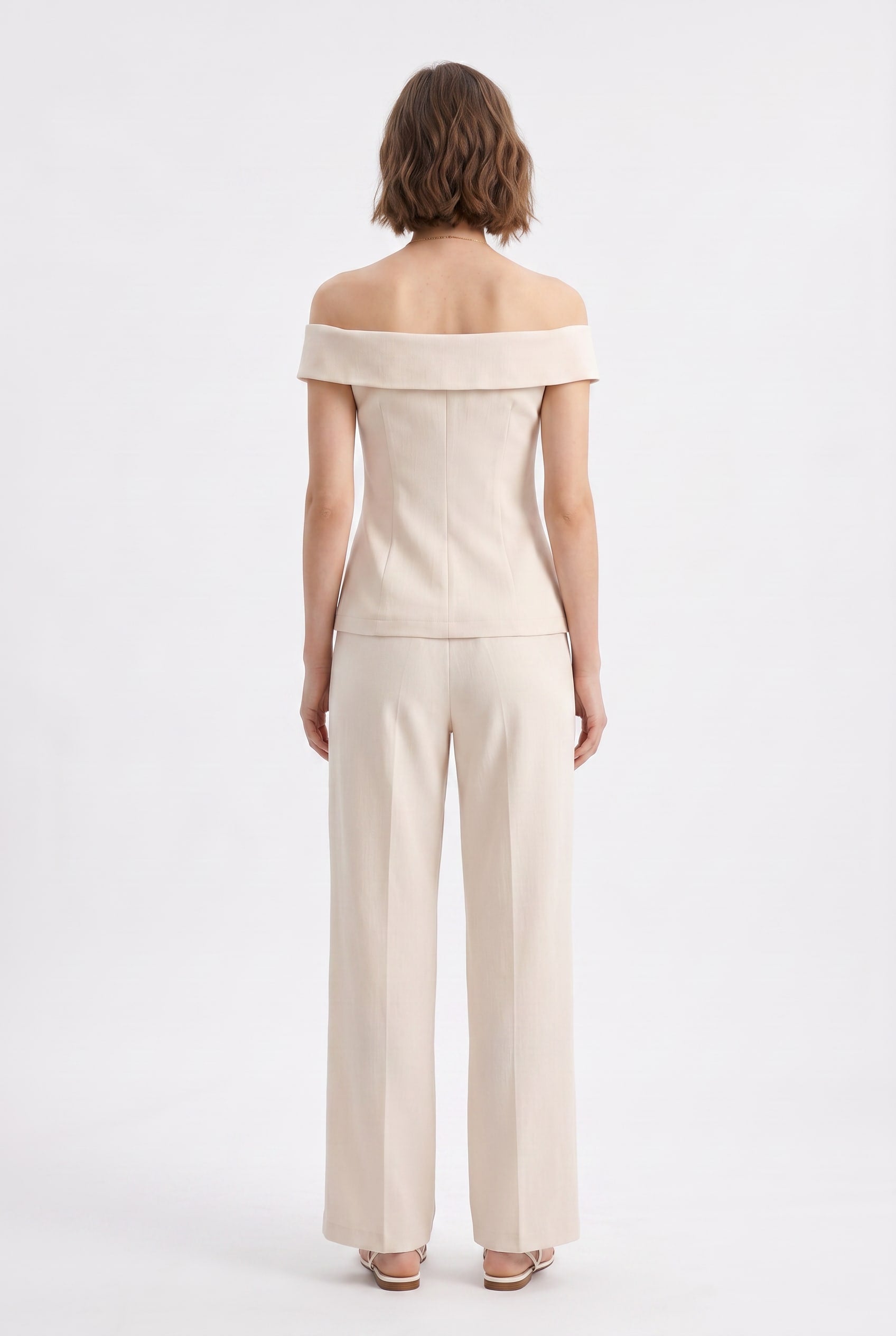 Cream Off-Shoulder Top Wide-Leg Trouser Set