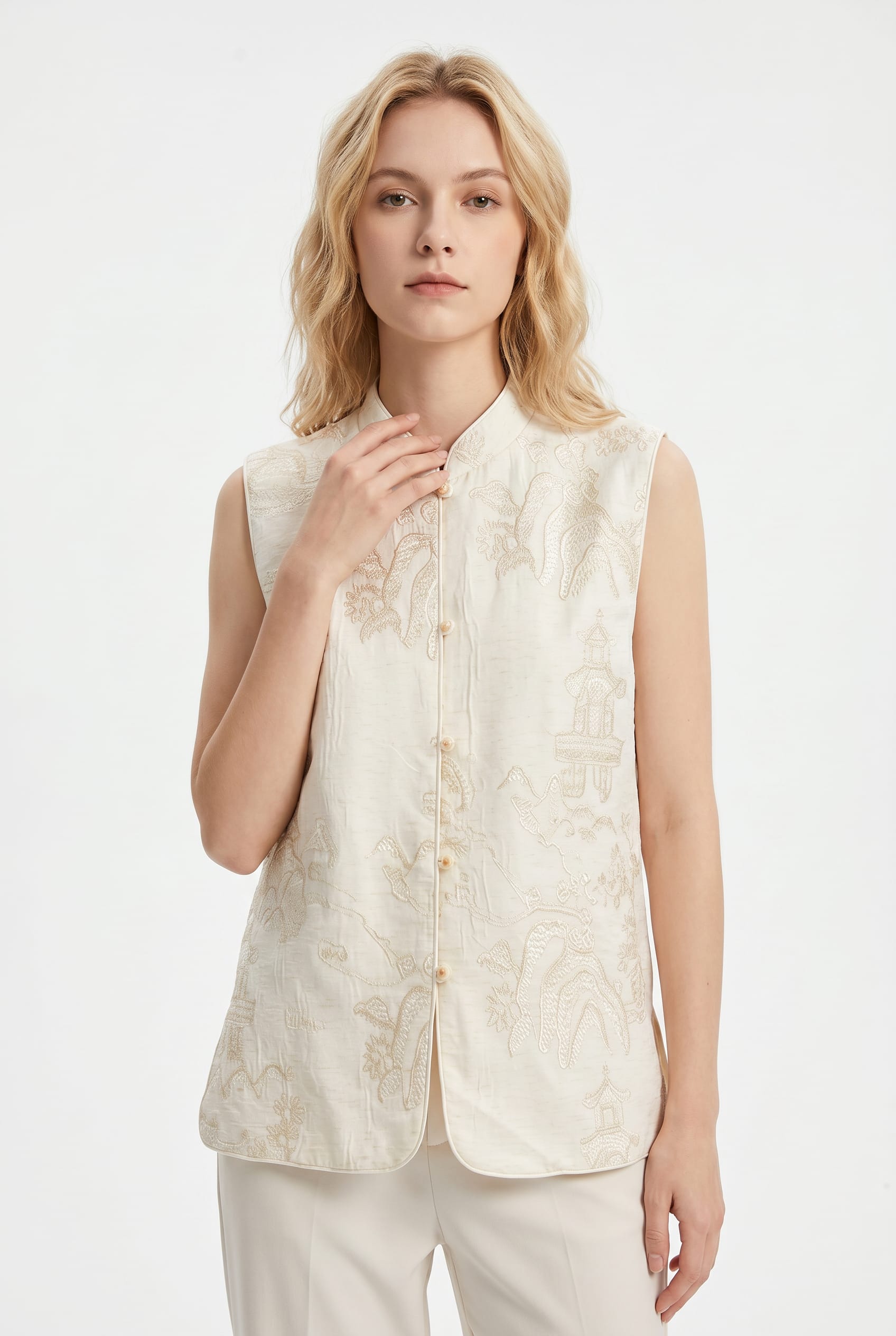 Ivory Embroidered Mandarin Collar Sleeveless Top