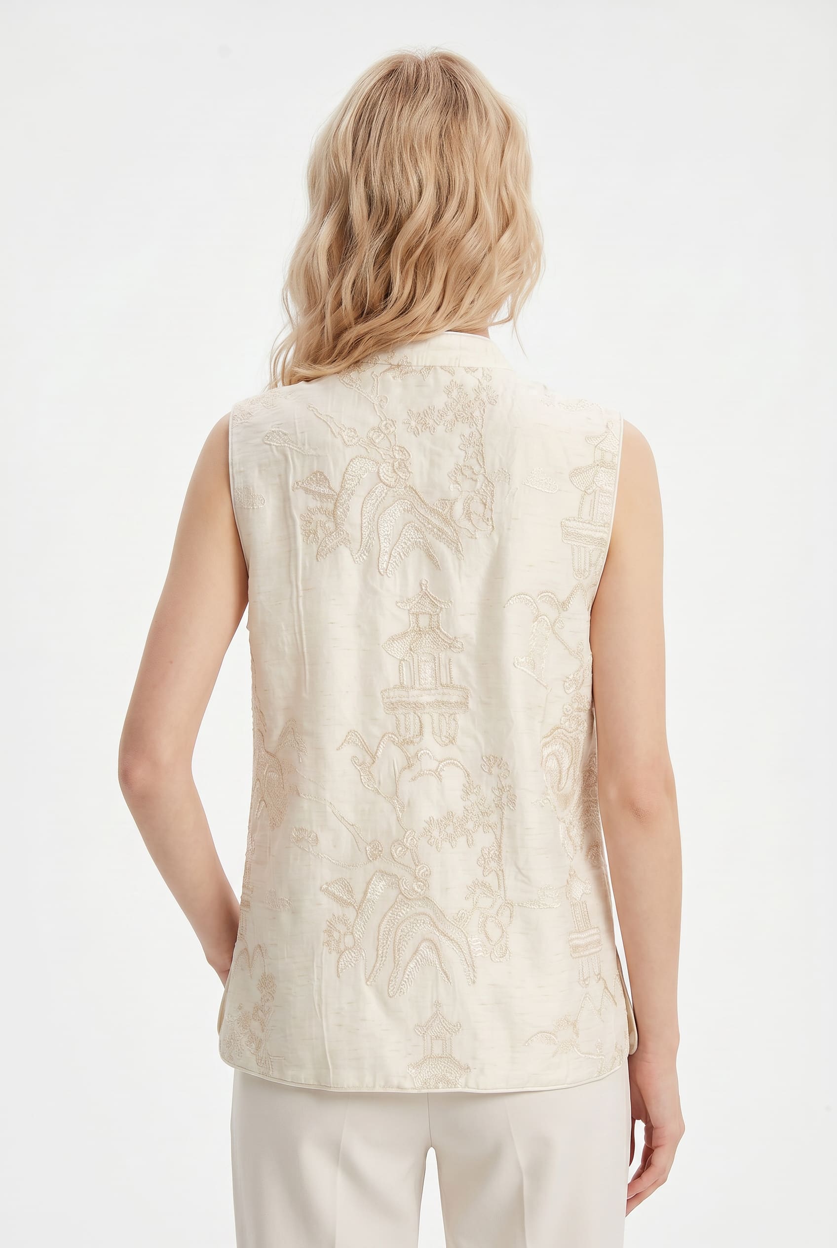 Ivory Embroidered Mandarin Collar Sleeveless Top