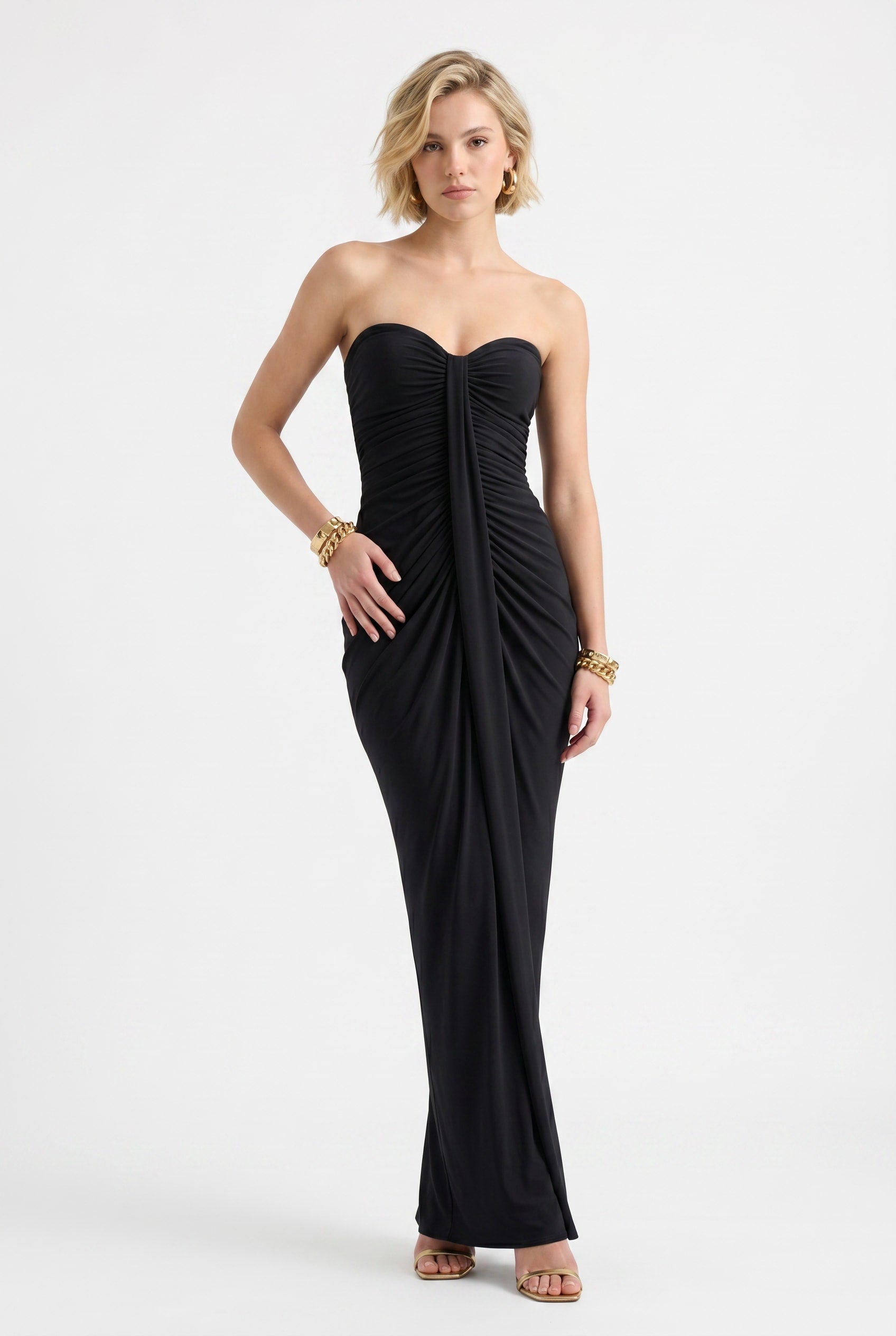 Black Ruched Strapless Maxi Dress