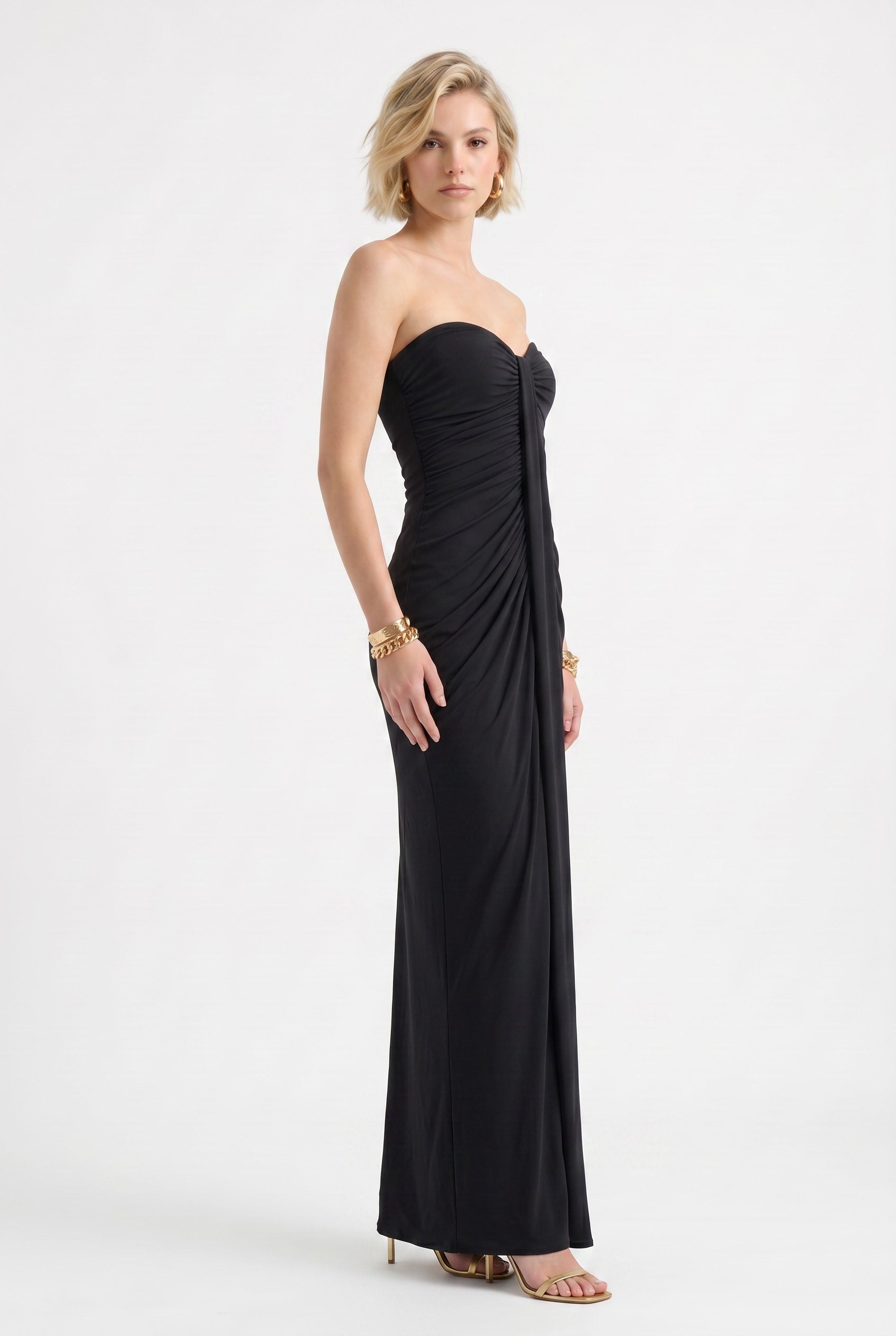 Black Ruched Strapless Maxi Dress
