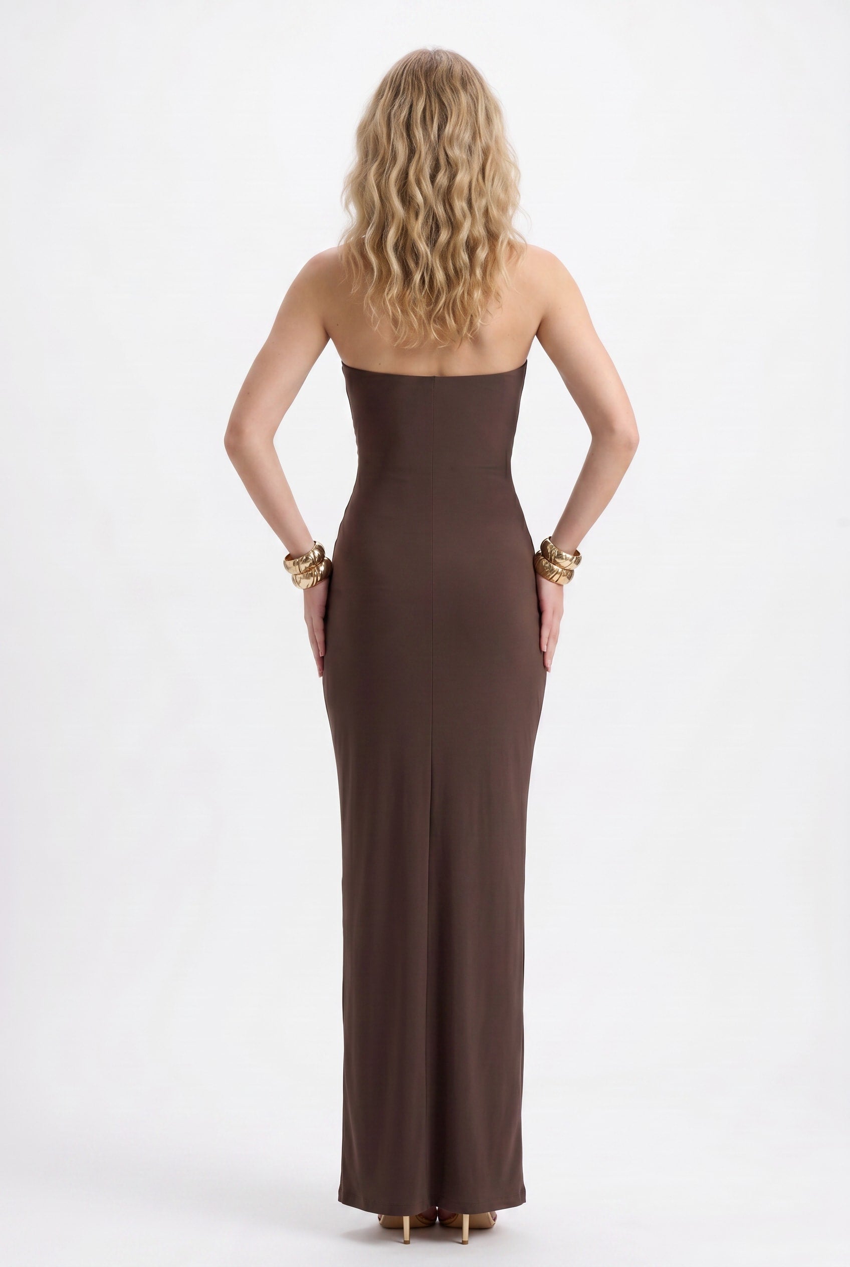 Chocolate Brown Ruched Strapless Maxi Dress