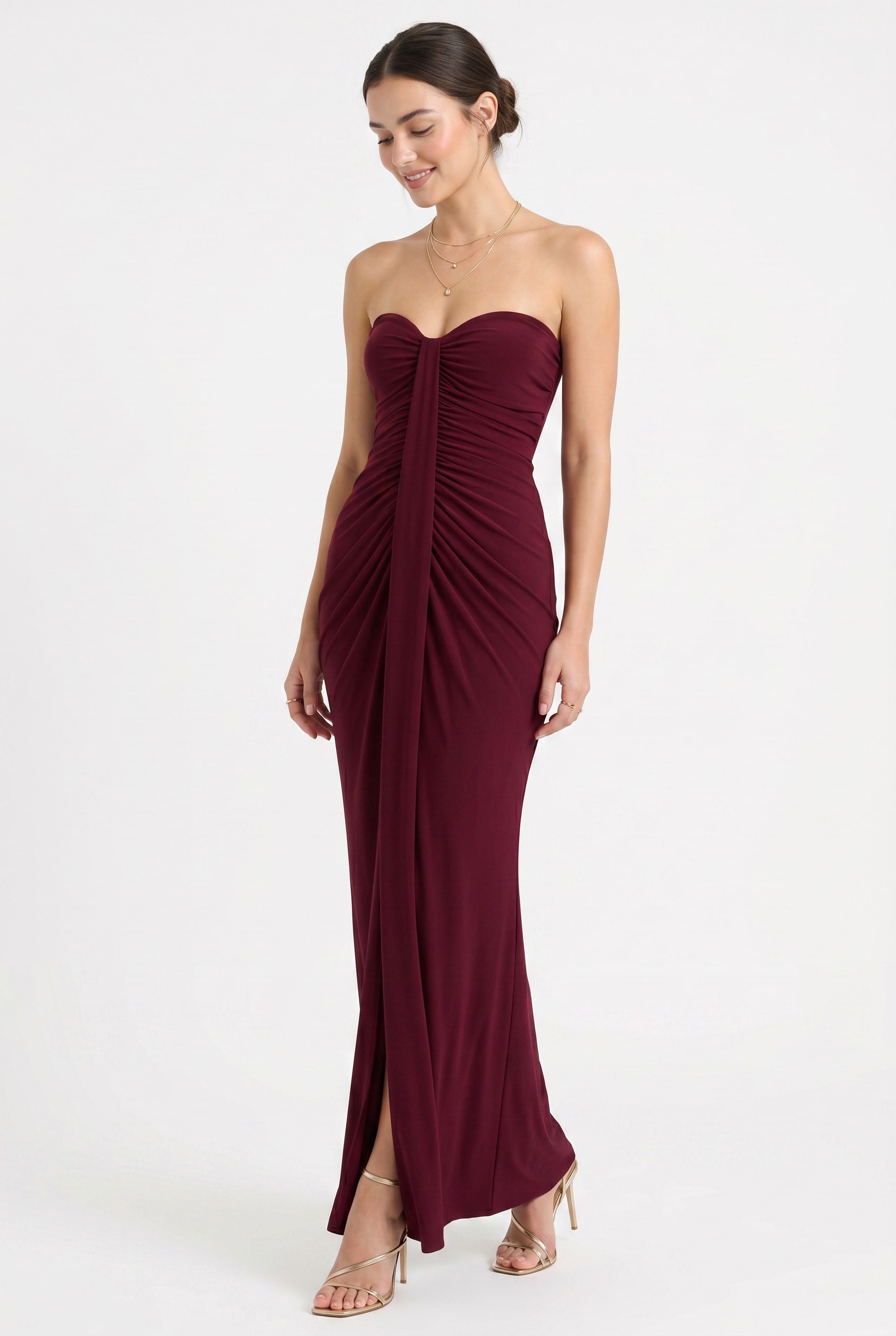 Burgundy Ruched Strapless Maxi Dress