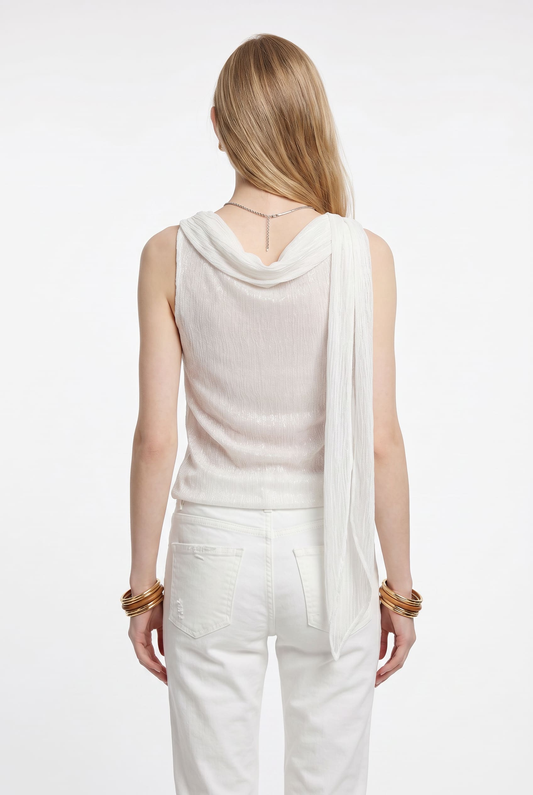 Cream Ribbed Asymmetric Cowl Neck Top