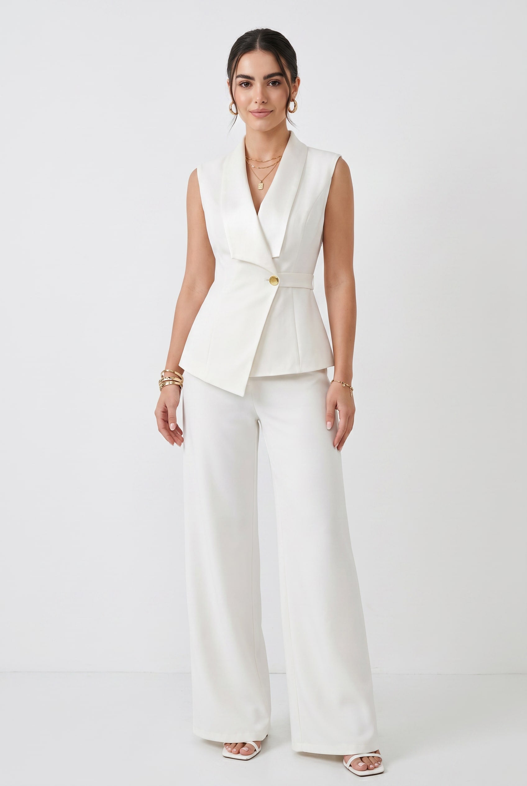 White Sleeveless Asymmetric Belted Vest
