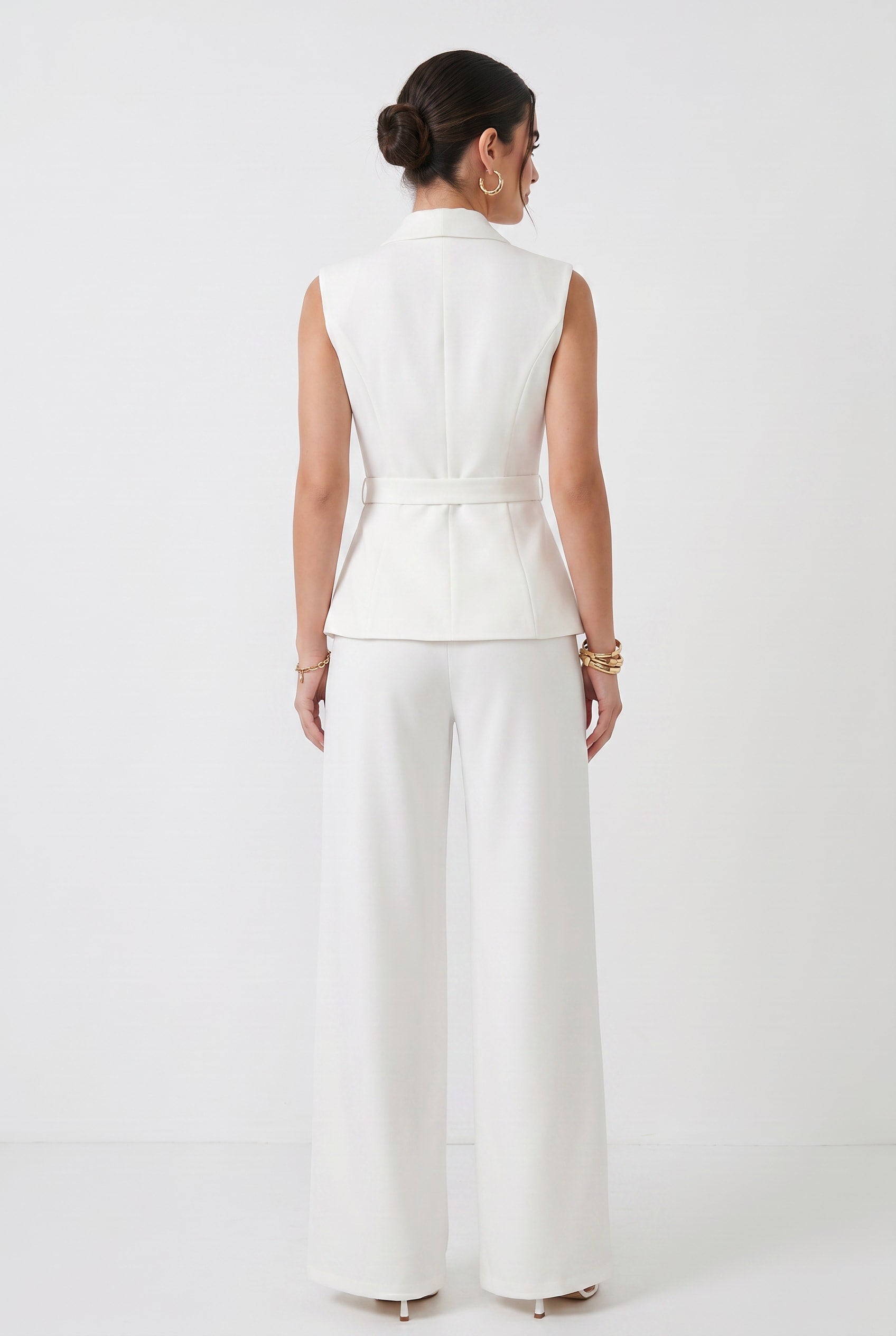 White Sleeveless Asymmetric Belted Vest