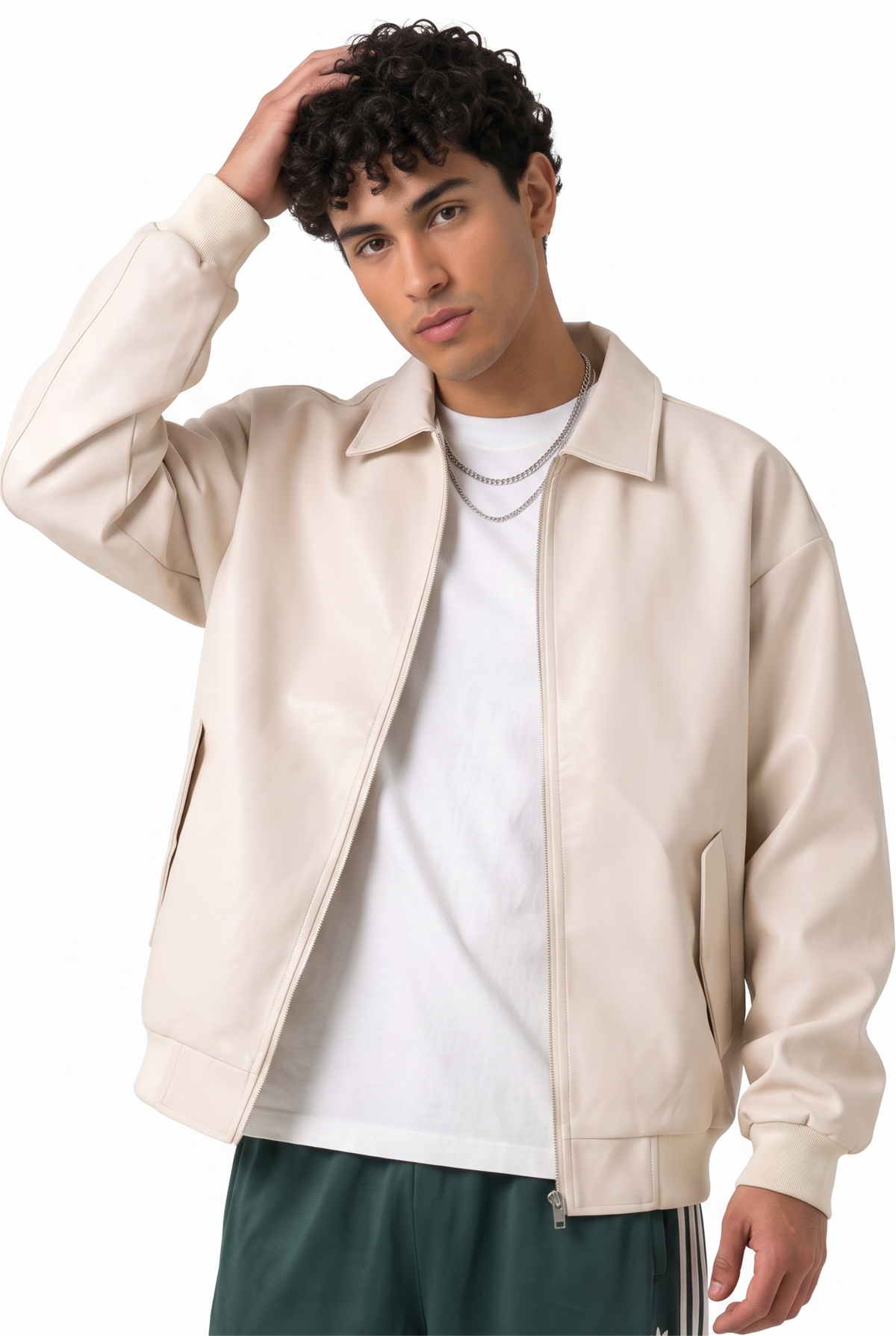 Oversized Cream Leather Zip Jacket