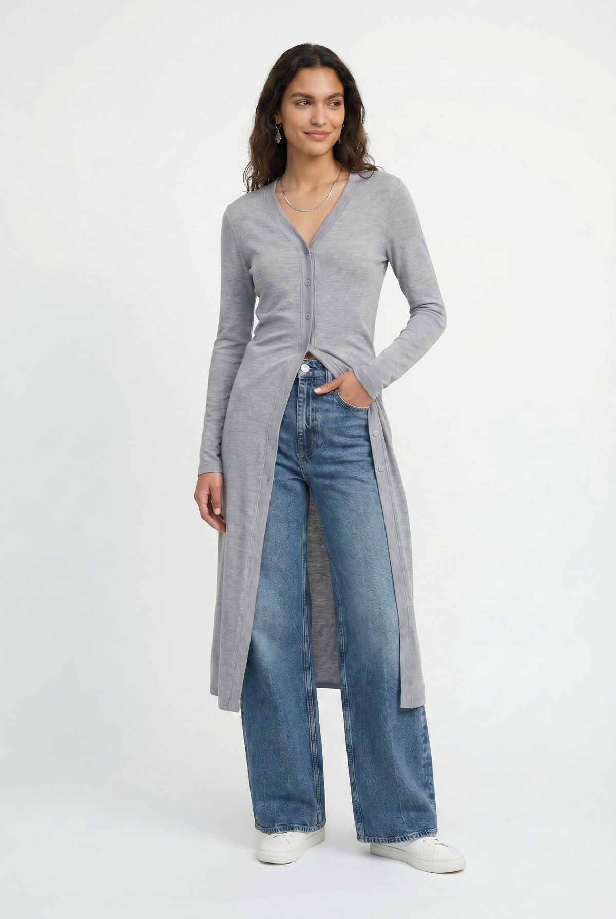 Gray Longline Button-Down Cardigan