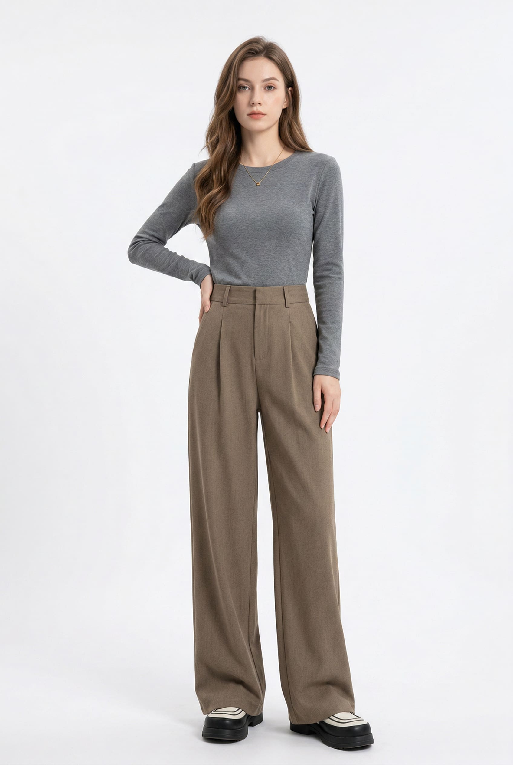 Taupe Wide Leg Pleated Trousers