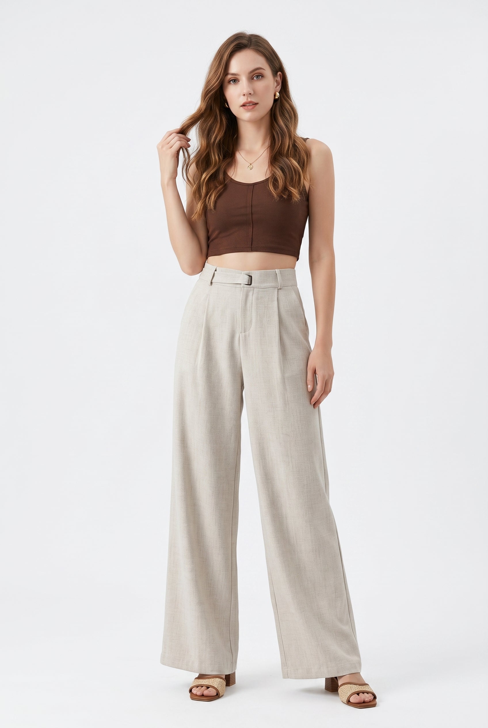 Oatmeal Linen Wide-Leg Belted Trousers